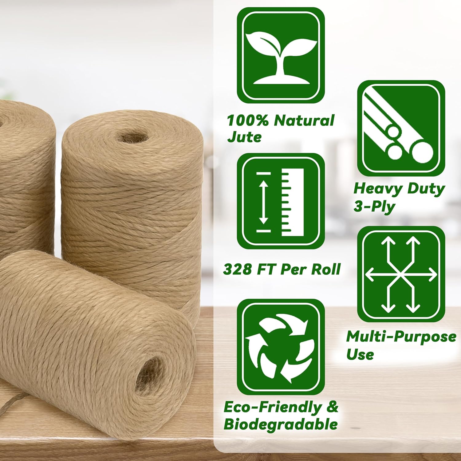 4 Pack Natural Jute Twine String 328 ft Each , 3-Ply Durable Brown Craft Twine for Gardening, Gift Wrapping, Flower Bouquet, Arts & Crafts, Hemp & Burlap String for DIY Projects