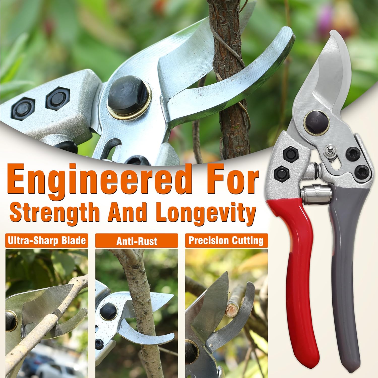 8" Bypass Prunning Shear Garden Scissors, SK5 Sharp Precision Cut Steel Blade Pruner, Blade Lock