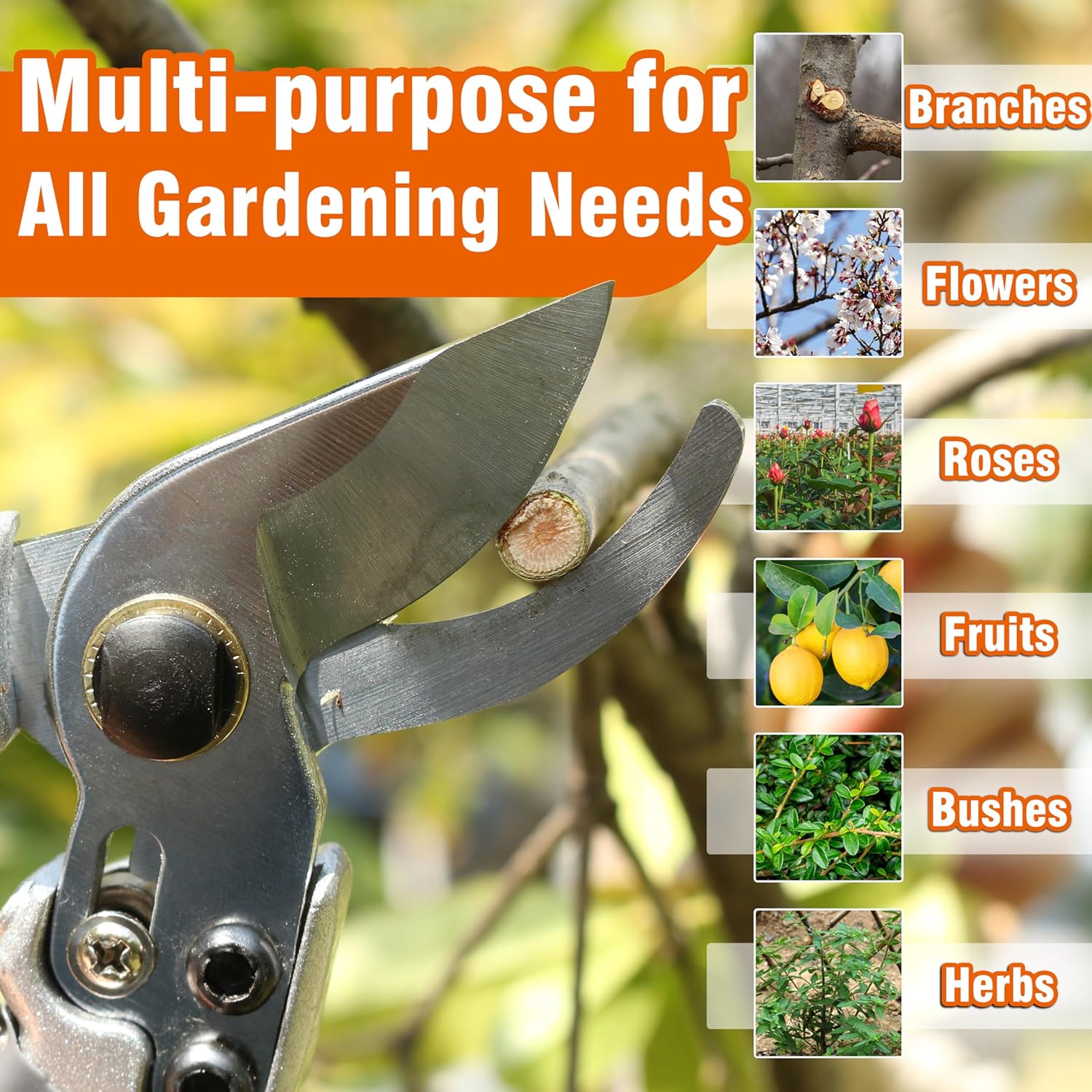8" Bypass Prunning Shear Garden Scissors, SK5 Sharp Precision Cut Steel Blade Pruner, Blade Lock