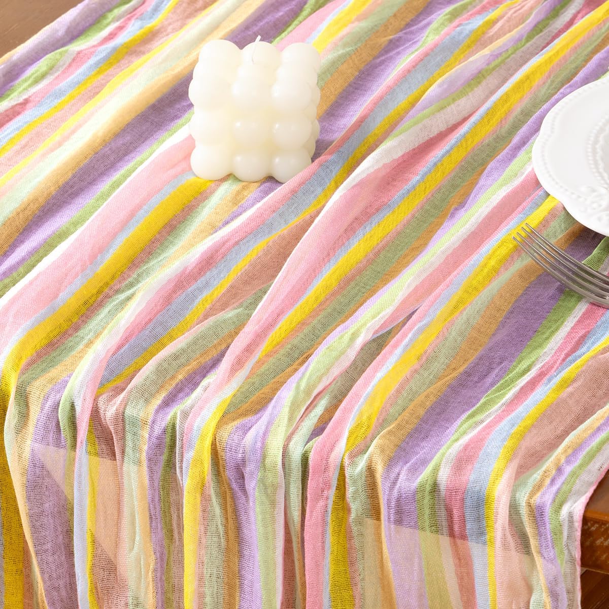 Easter Spring Table Runner Pastel Stripe Floral Cheesecloth Gauze 120 Inch Rustic Boho Cheese Cloth Runner for Wedding Party Baby Bridal Shower Decoration Holiday Home Decorations