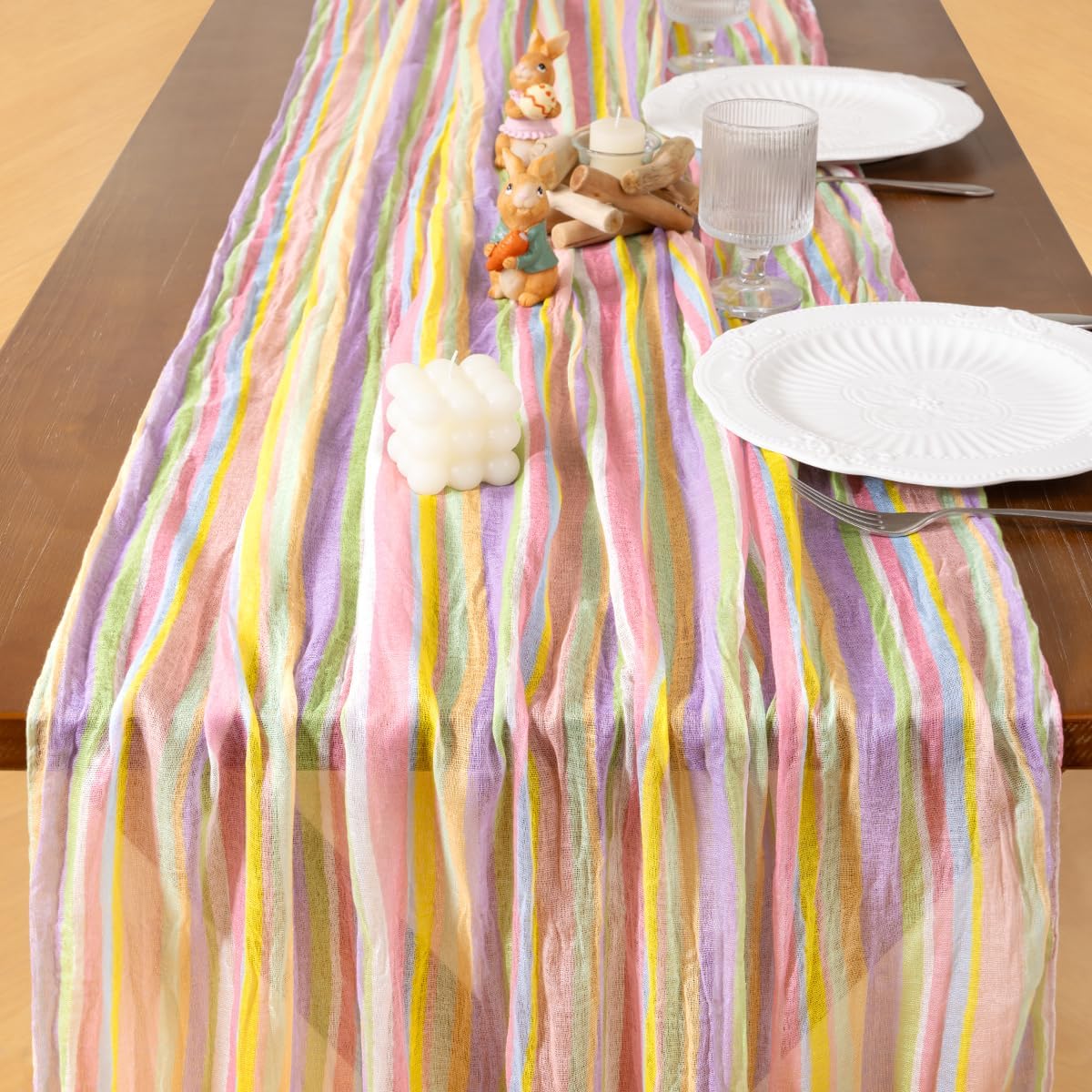 Easter Spring Table Runner Pastel Stripe Floral Cheesecloth Gauze 120 Inch Rustic Boho Cheese Cloth Runner for Wedding Party Baby Bridal Shower Decoration Holiday Home Decorations