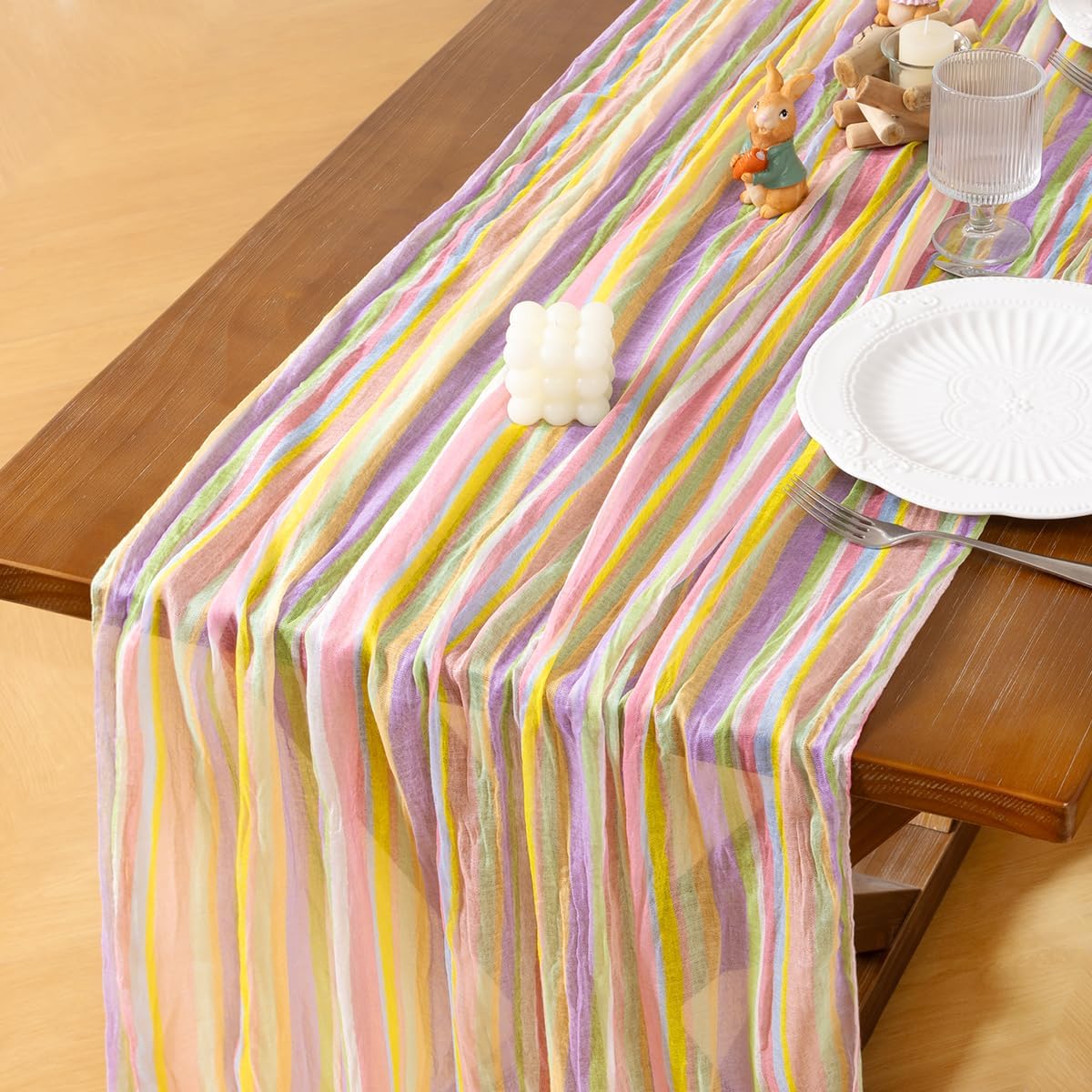 Easter Spring Table Runner Pastel Stripe Floral Cheesecloth Gauze 120 Inch Rustic Boho Cheese Cloth Runner for Wedding Party Baby Bridal Shower Decoration Holiday Home Decorations