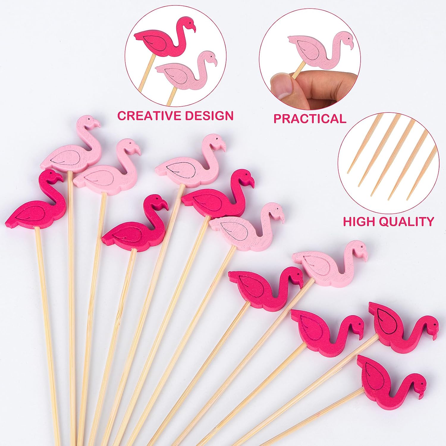 100 Pack Flamingo Toothpicks for Appetizers, 4.7 Inch Natural Bamboo Cocktail Picks for Cake Dessert Food Fruit Party Decorations