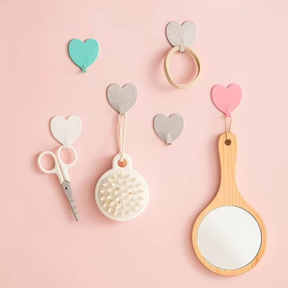 6 Pack Heart Shaped Decorative Wall Hooks, Stainless Steel Strong Adhesive Wall Hook for Home Kitchen Bathroom Office Light Pink