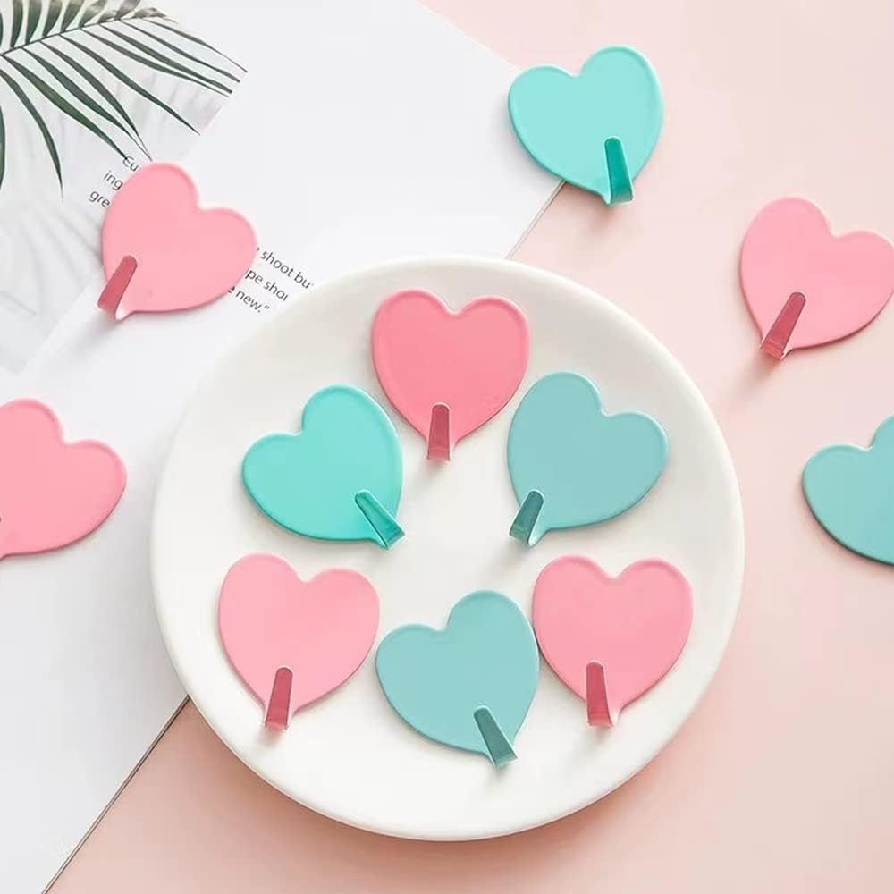 6 Pack Heart Shaped Decorative Wall Hooks, Stainless Steel Strong Adhesive Wall Hook for Home Kitchen Bathroom Office Light Pink
