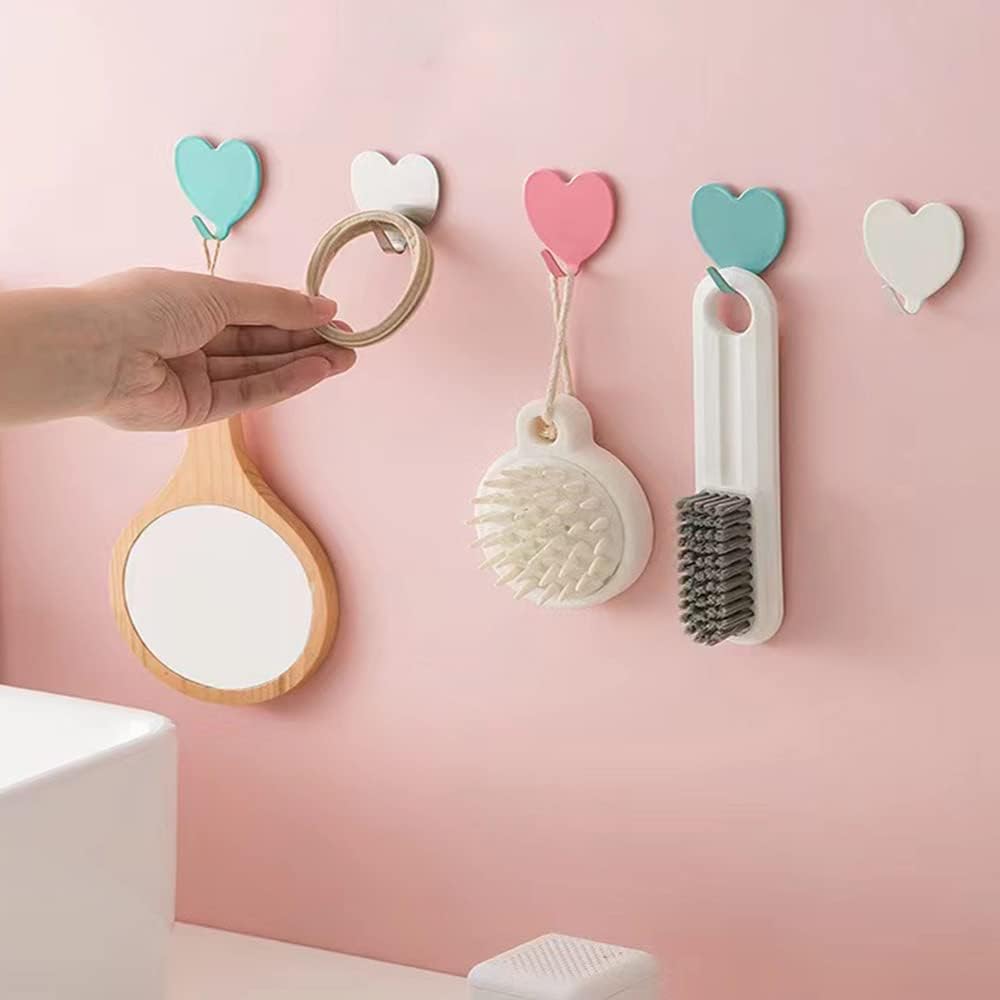 6 Pack Heart Shaped Decorative Wall Hooks, Stainless Steel Strong Adhesive Wall Hook for Home Kitchen Bathroom Office Light Pink