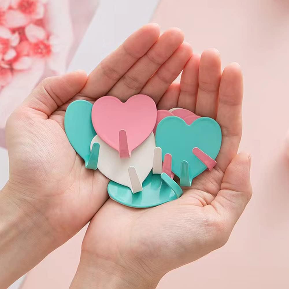 6 Pack Heart Shaped Decorative Wall Hooks, Stainless Steel Strong Adhesive Wall Hook for Home Kitchen Bathroom Office Light Pink