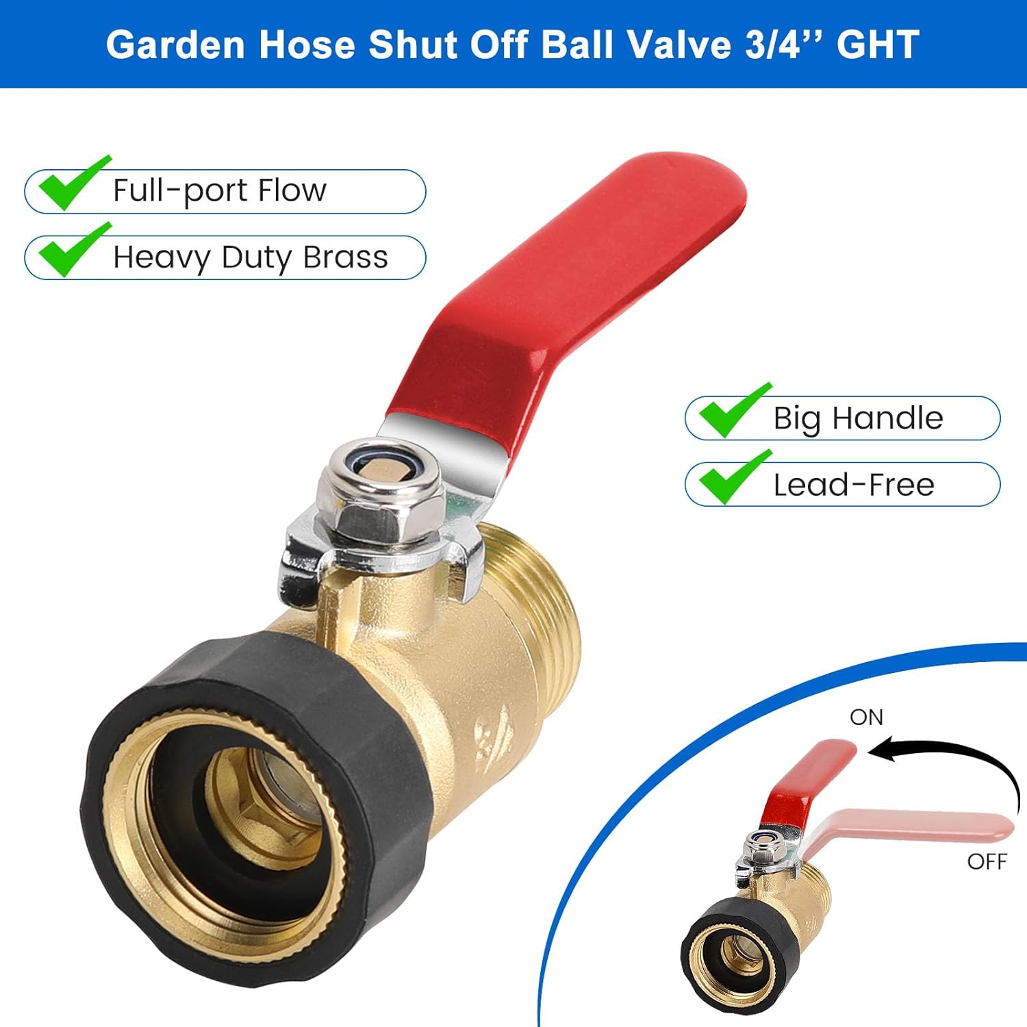 Garden Hose Shut Off Valve, 3/4" GHT Water Hose Shut Turn Off Valve, Heavy Duty Brass Valve Garden Hose Ball Valve With Stainless Steel Long Handle