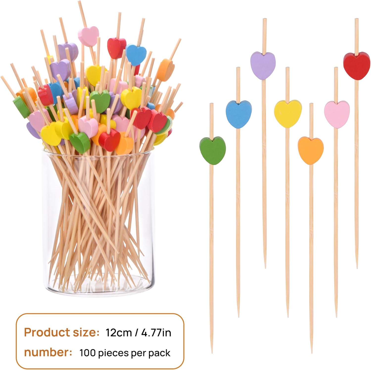 100 Pack Fruit Toothpicks, Heart-Shaped Bamboo Cocktail Picks, Natural Bamboo Toothpicks for Appetizers Fruit Cake Dessert Barbecue Snacks Sandwiches Pink