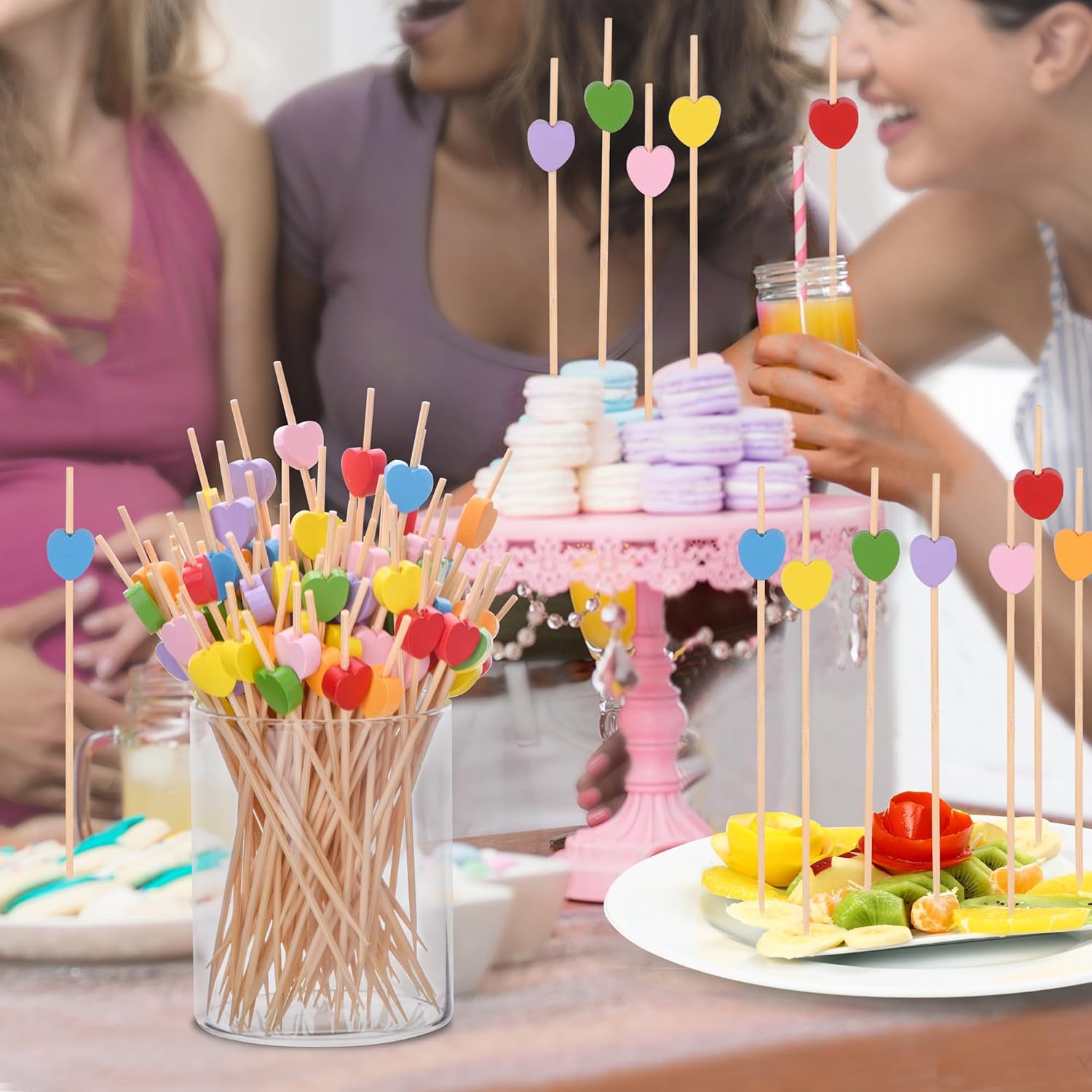 100 Pack Fruit Toothpicks, Heart-Shaped Bamboo Cocktail Picks, Natural Bamboo Toothpicks for Appetizers Fruit Cake Dessert Barbecue Snacks Sandwiches Pink