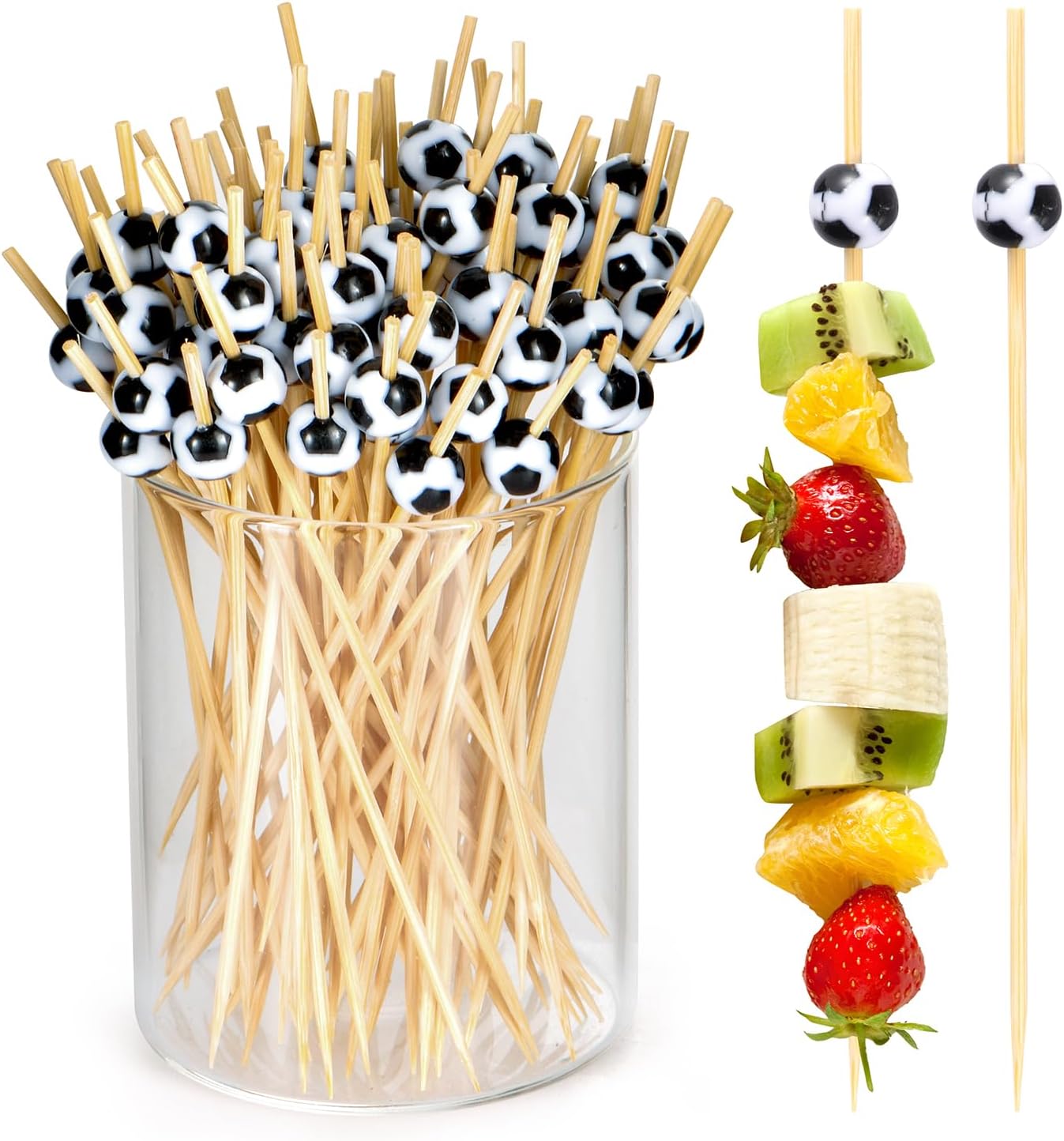 100 Pcs Soccer Toothpicks for Appetizers, 4.7 Inch Football Cocktail Picks for Party Decoration, Bamboo Appetizer Skewers for Charcuterie Sandwich Burgers Fruit Drinks Party Black