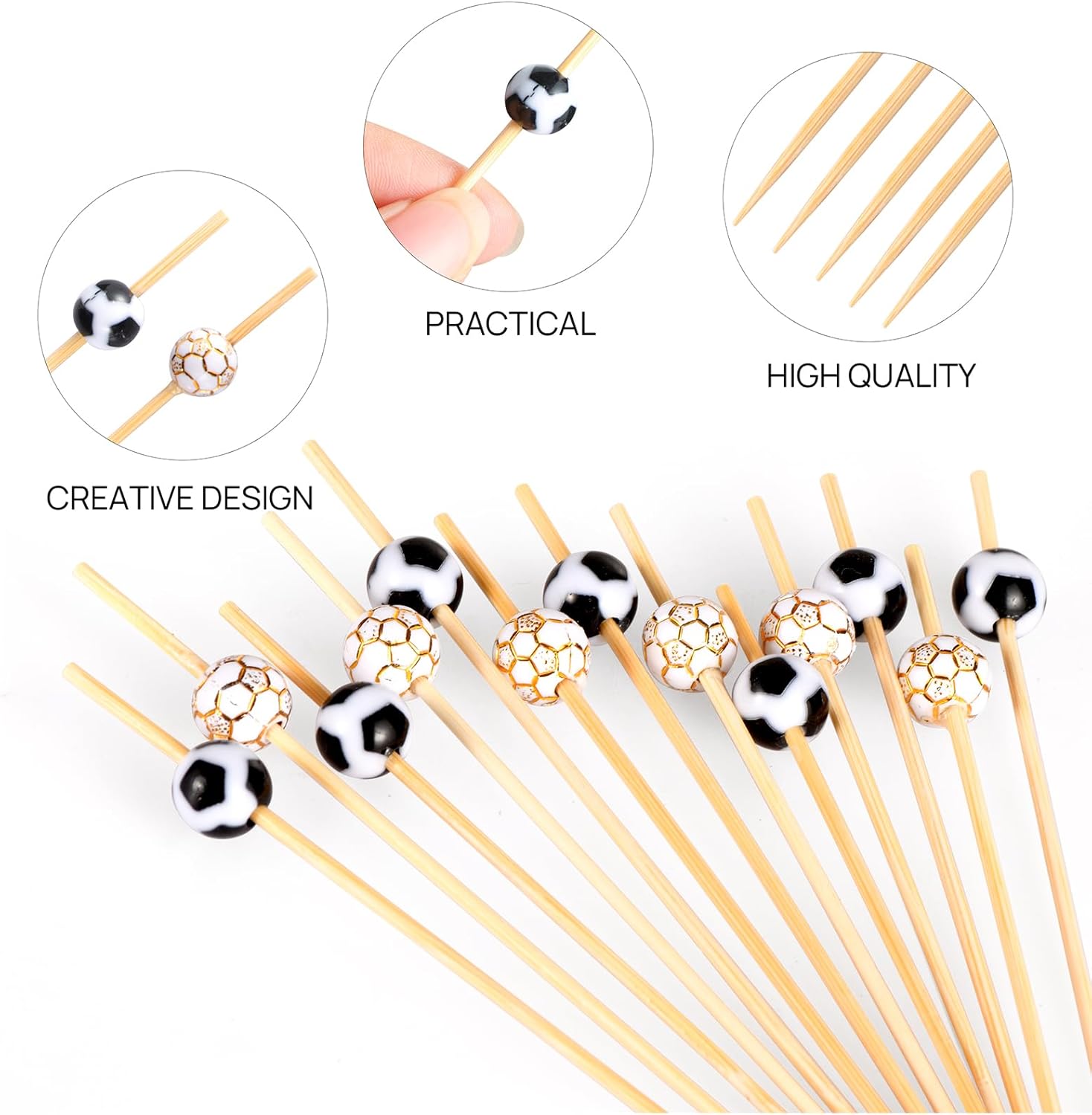 100 Pcs Soccer Toothpicks for Appetizers, 4.7 Inch Football Cocktail Picks for Party Decoration, Bamboo Appetizer Skewers for Charcuterie Sandwich Burgers Fruit Drinks Party Black