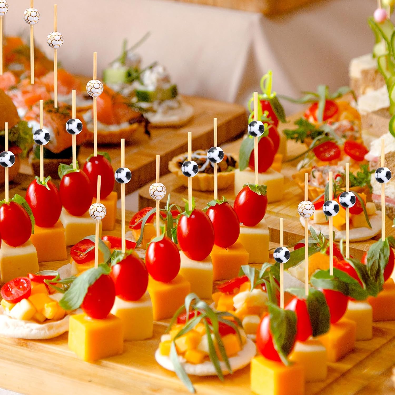 100 Pcs Soccer Toothpicks for Appetizers, 4.7 Inch Football Cocktail Picks for Party Decoration, Bamboo Appetizer Skewers for Charcuterie Sandwich Burgers Fruit Drinks Party Black