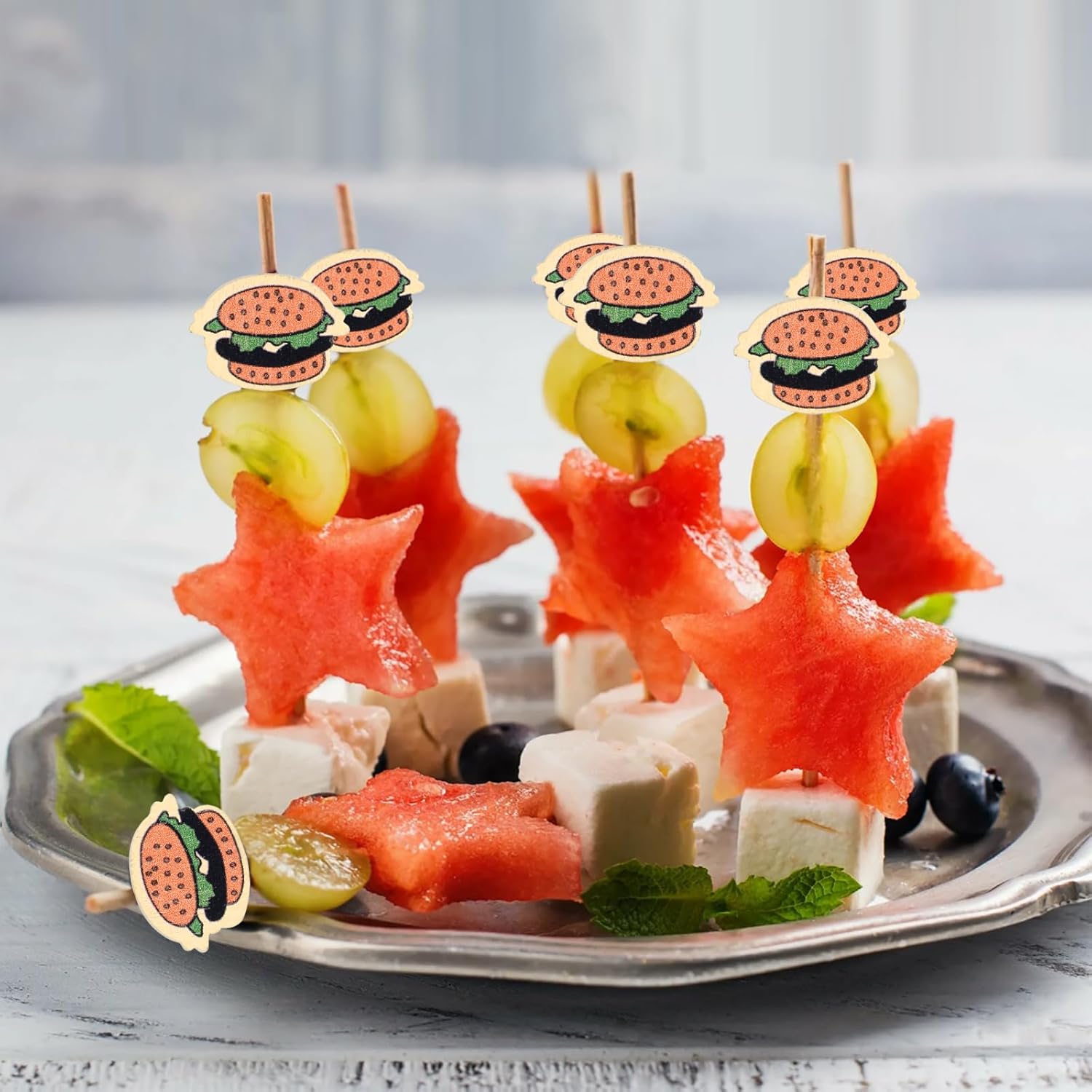 100 Pack Food Toothpicks for Appetizers, 4.7 Inch Bamboo Cocktail Picks Skewers Fruit Sticks, Fancy Toothpicks for Breakfast Sandwiches Hamburger Fruit and Parties Events
