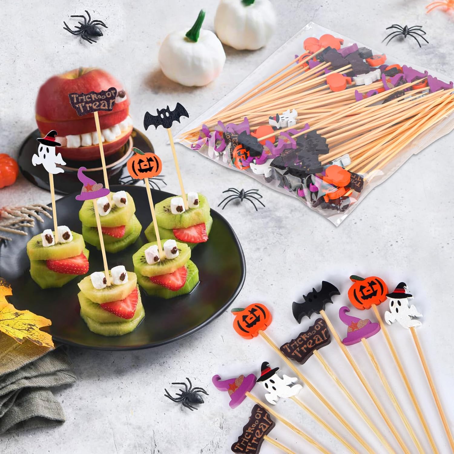 100 Pack Halloween Toothpicks for Appetizers, 4.7 Inch Natural Bamboo Cocktail Picks for Cake Dessert Food Fruit Halloween Party Decorations