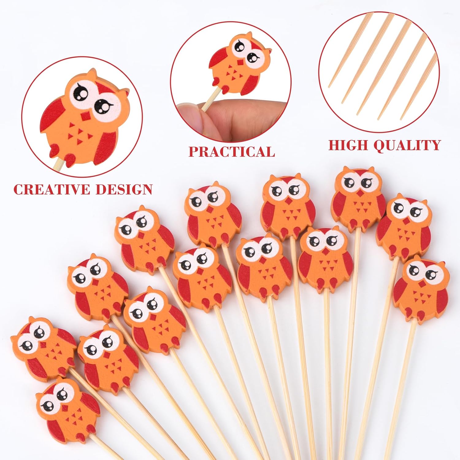 100 Pack Owl Toothpicks for Appetizers, 4.7 Inch Natural Bamboo Cocktail Picks for Cake Dessert Food Picks Wedding Birthday Party Decoration