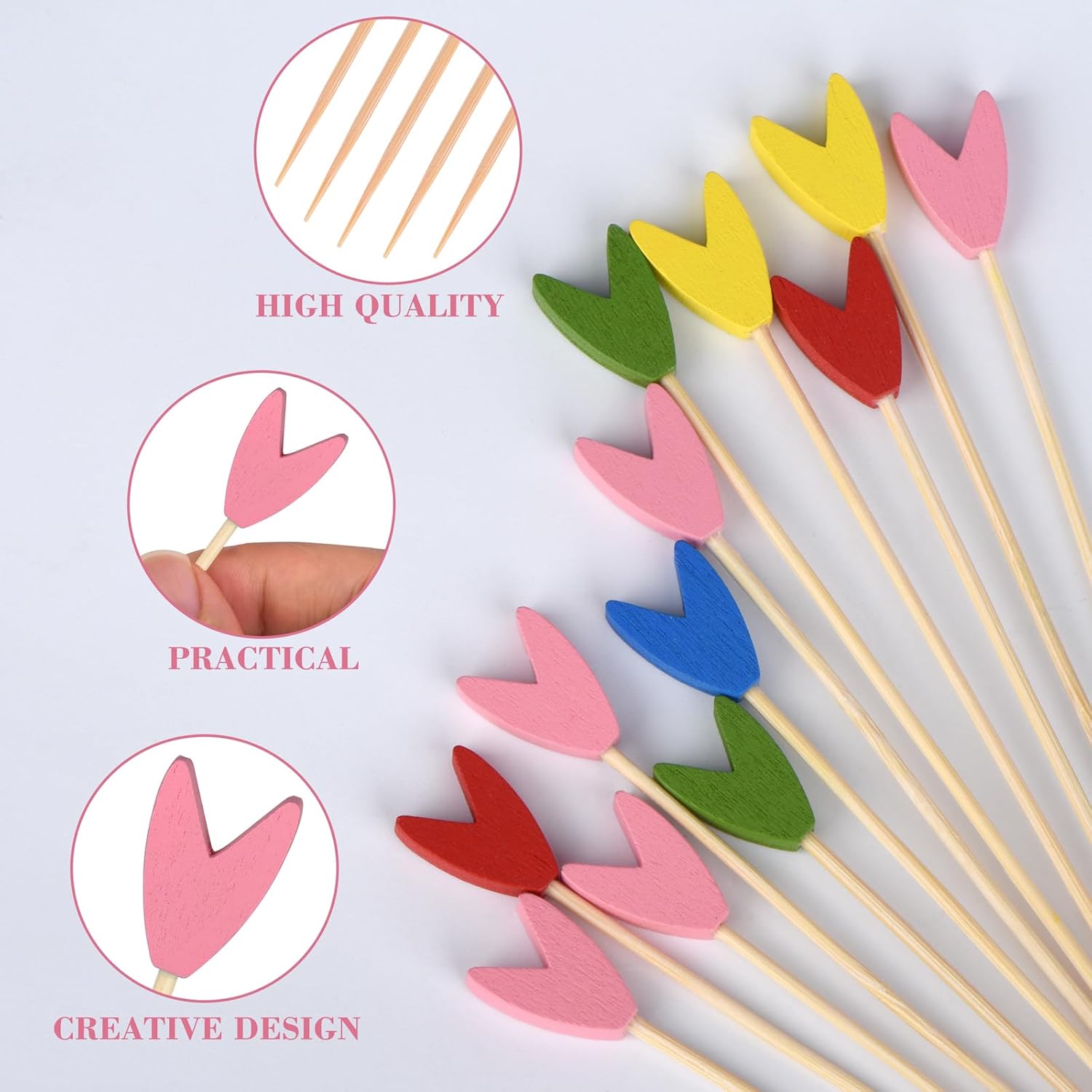 100 Pack Tulip Toothpicks for Appetizers, 4.7 Inch Natural Bamboo Cocktail Picks for Cake Dessert Food Picks Wedding Birthday Party Decoration