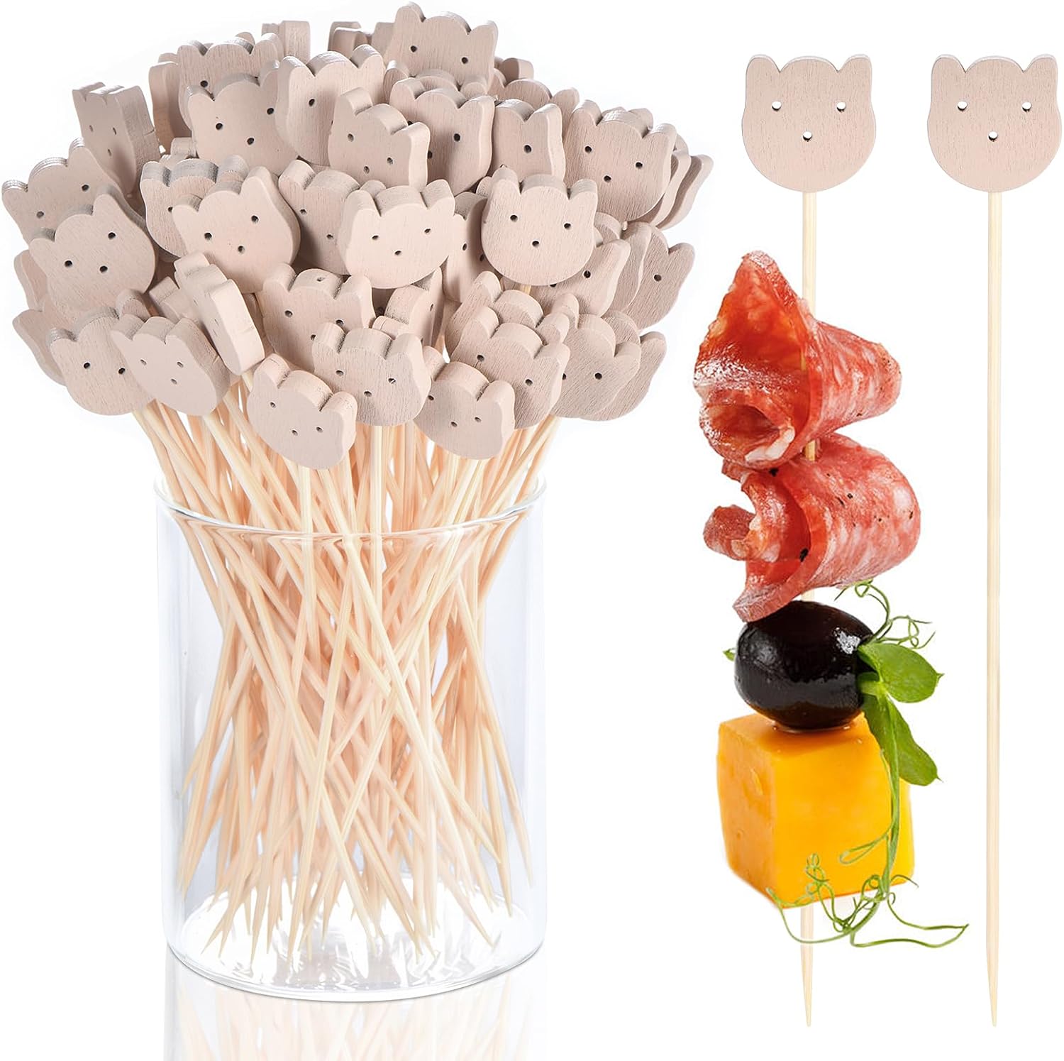 100 Pcs Fancy Toothpicks for Appetizers, 4.7 Inch Bear Face Cocktail Picks for Party Decoration, Bamboo Appetizer Skewers for Charcuterie Sandwich Burgers Fruit Drinks Party