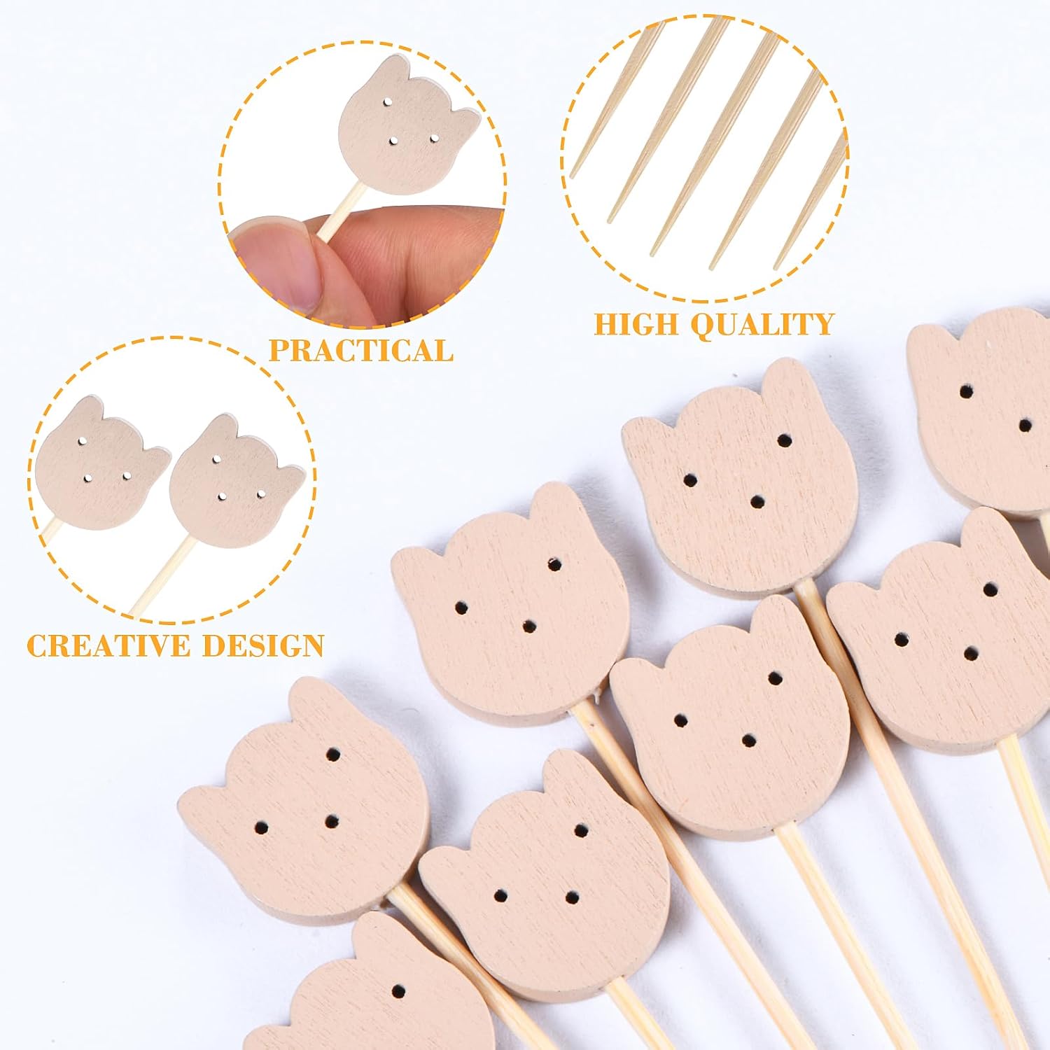 100 Pcs Fancy Toothpicks for Appetizers, 4.7 Inch Bear Face Cocktail Picks for Party Decoration, Bamboo Appetizer Skewers for Charcuterie Sandwich Burgers Fruit Drinks Party