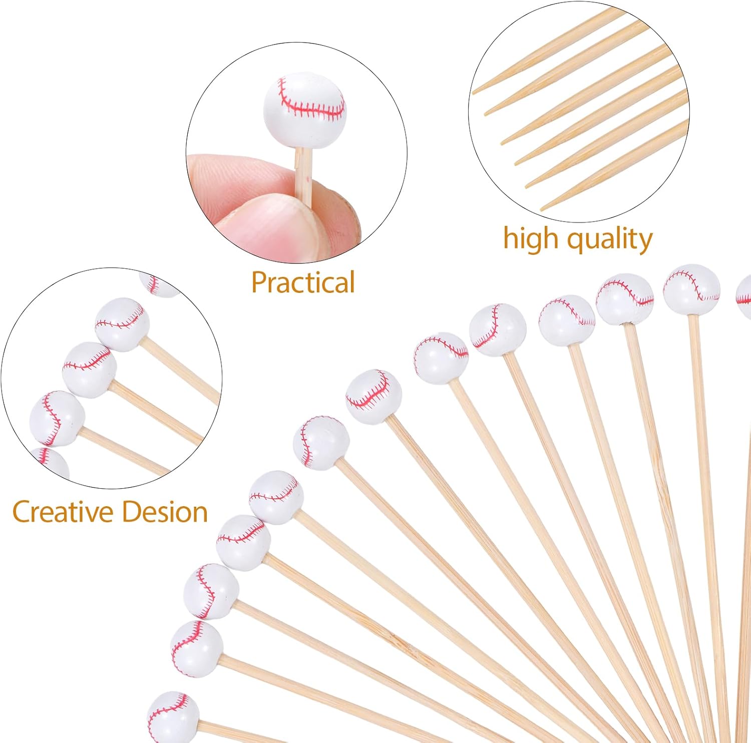 100 Pack Baseball Toothpicks, 4.7 Inch Bamboo Cocktail Picks, Bamboo Toothpicks for Drinks Dessert Wedding Birthday Party