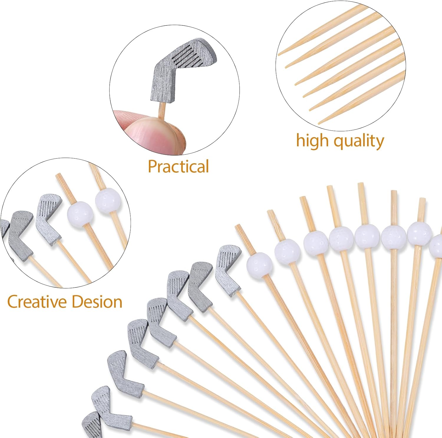 100 Pack Golf Toothpicks, Bamboo Cocktail Picks, Natural Bamboo Toothpicks for Appetizers Fruit Cake Dessert Barbecue Snacks Sandwiches Golf Ball
