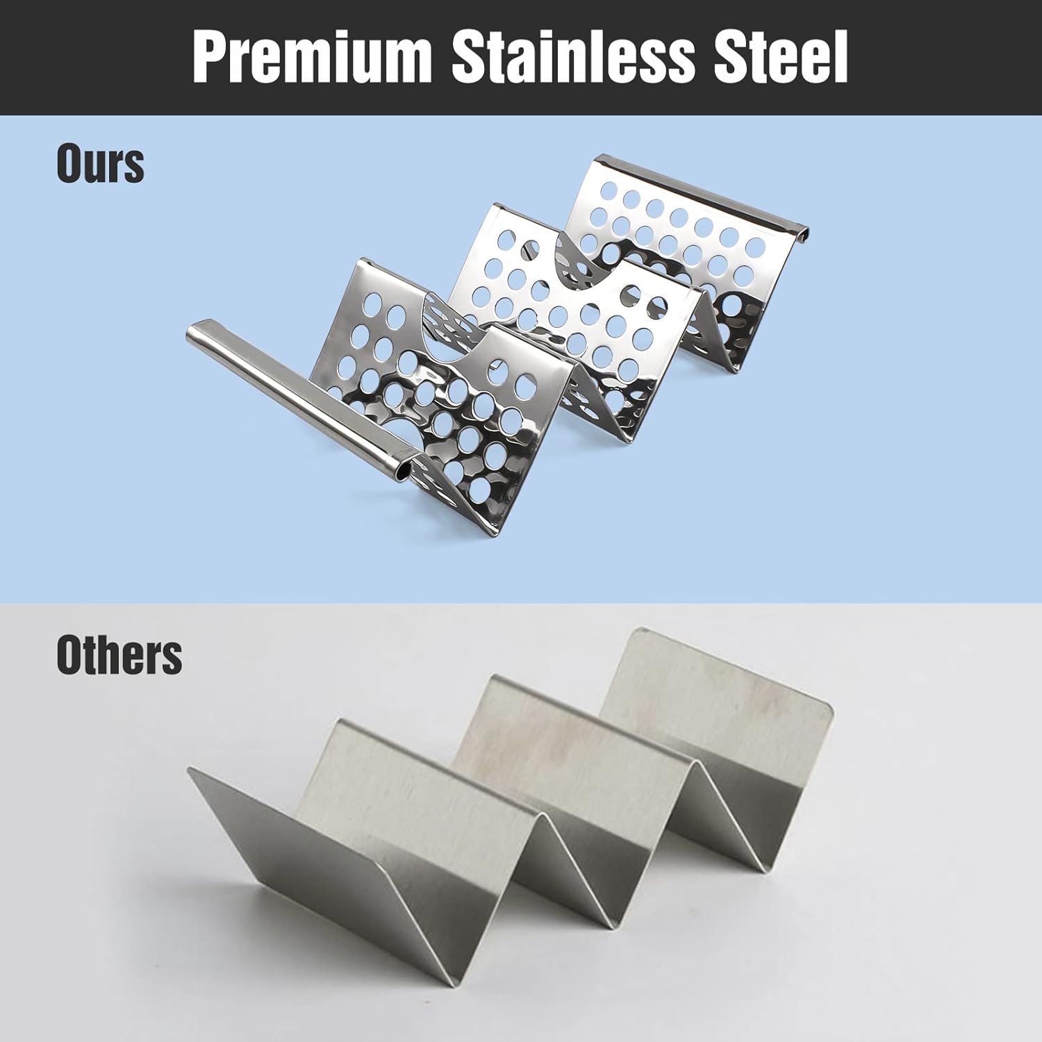 4 Pack Stainless Steel Taco Holders, Premium Taco Stands, Holds 2 Or 3 Tacos Each Taco Tray, Taco Rack With Easy-Access Handle, Food Grade Taco Plate Shells Oven & Grill Safe, BPA Free Hollow