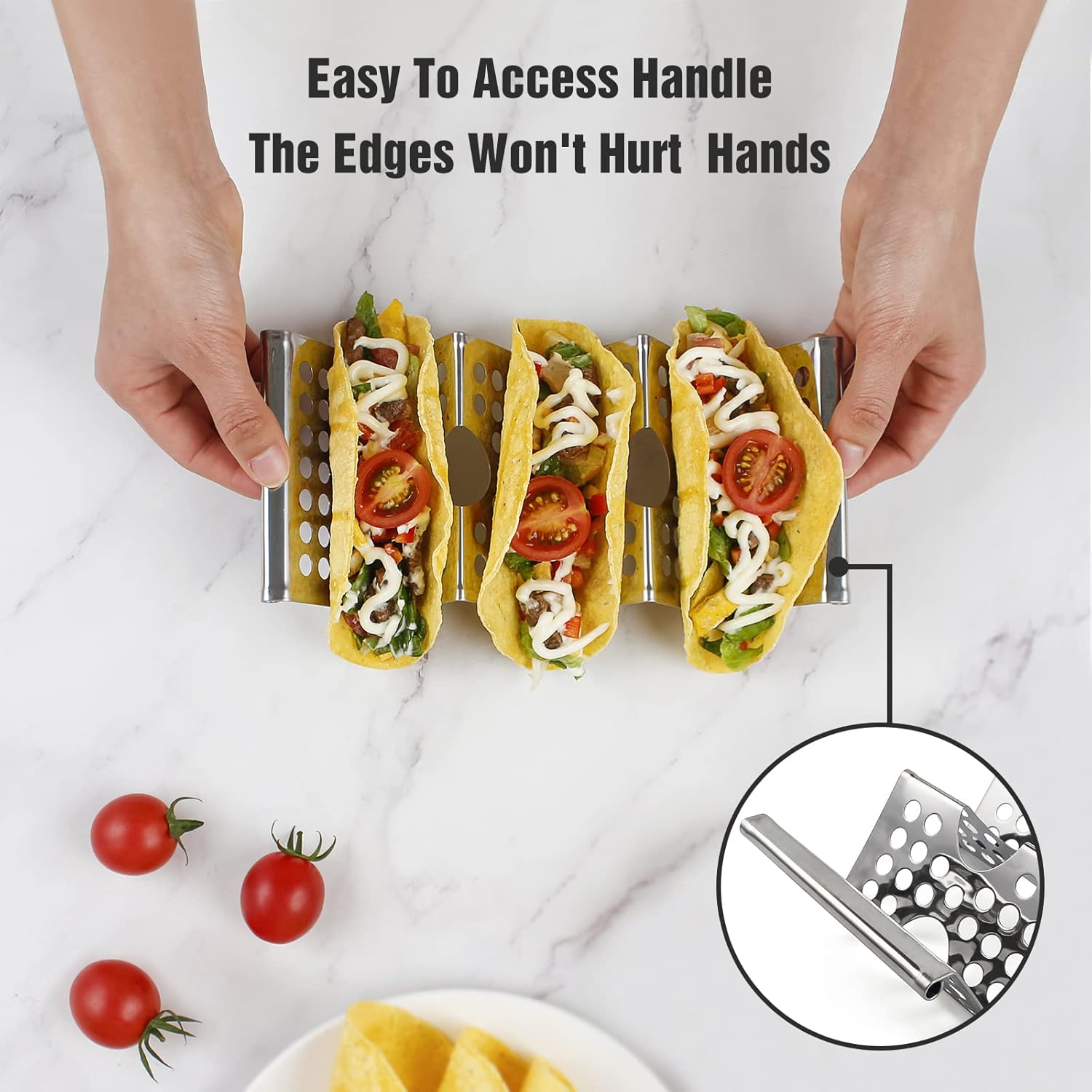 4 Pack Stainless Steel Taco Holders, Premium Taco Stands, Holds 2 Or 3 Tacos Each Taco Tray, Taco Rack With Easy-Access Handle, Food Grade Taco Plate Shells Oven & Grill Safe, BPA Free Hollow
