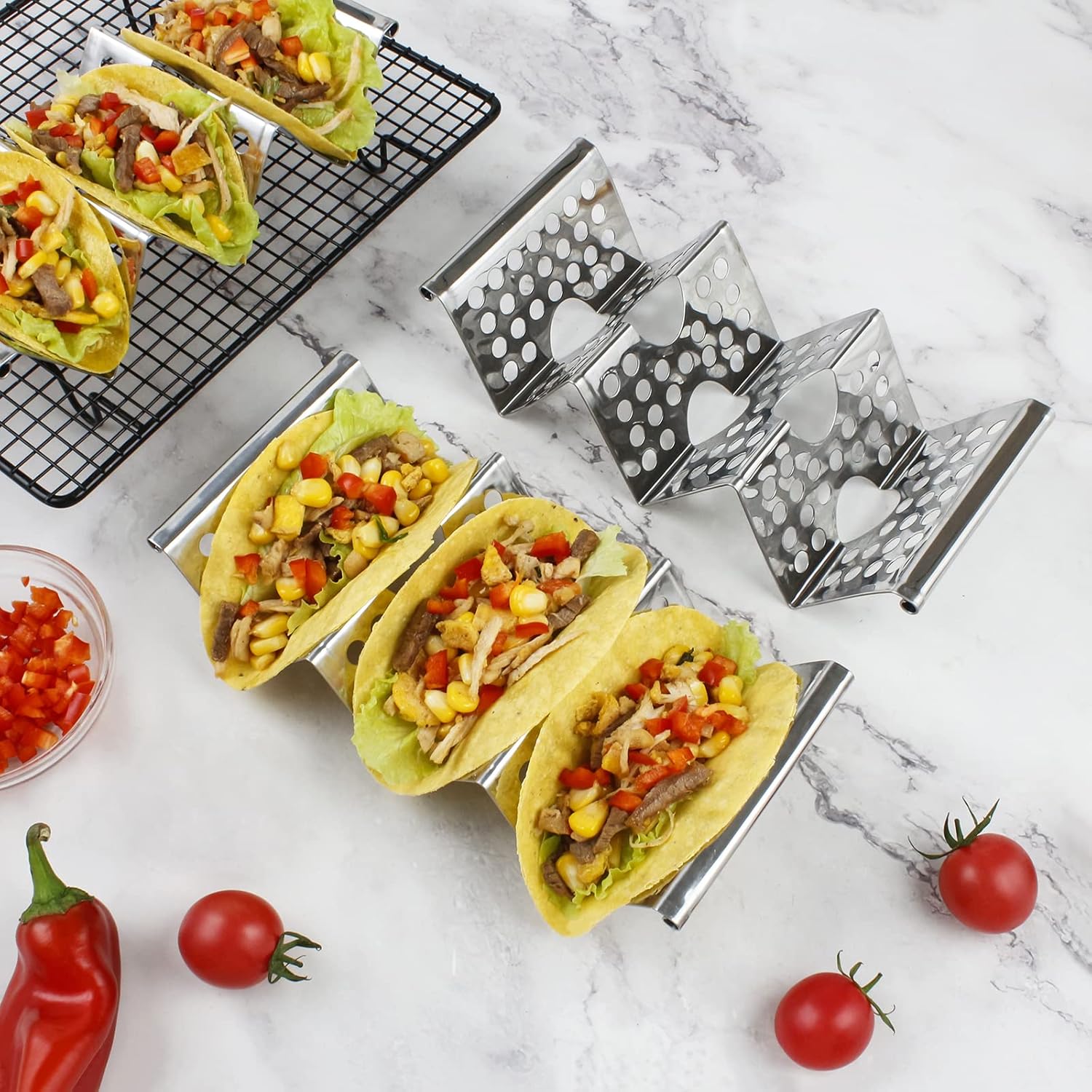 4 Pack Stainless Steel Taco Holders, Premium Taco Stands, Holds 2 Or 3 Tacos Each Taco Tray, Taco Rack With Easy-Access Handle, Food Grade Taco Plate Shells Oven & Grill Safe, BPA Free Hollow