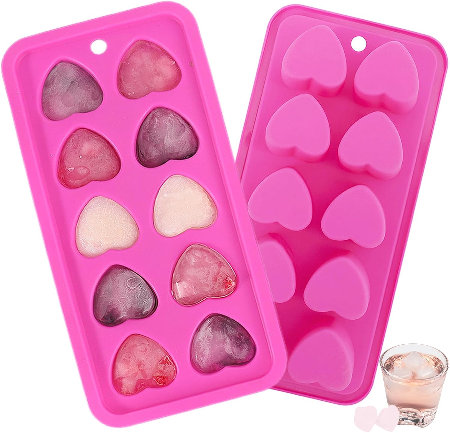 Heart Shaped Silicone Ice Cube Trays, For DIY love Heart Ice Cubes, Chocolate, Candy, Easy Release Mold for Cocktails,Whiskey, Drinks, BPA Free and Dishwasher Safe 2pcs, Pink