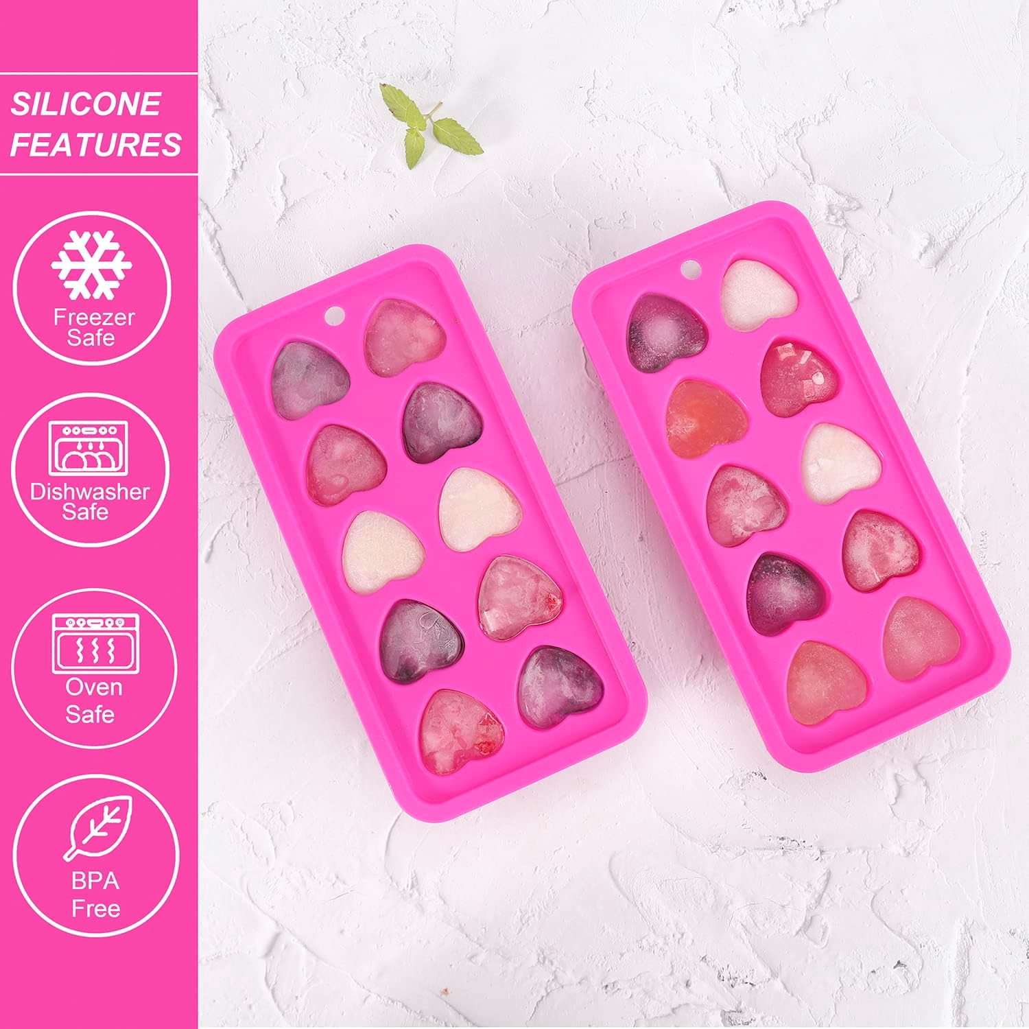Heart Shaped Silicone Ice Cube Trays, For DIY love Heart Ice Cubes, Chocolate, Candy, Easy Release Mold for Cocktails,Whiskey, Drinks, BPA Free and Dishwasher Safe 2pcs, Pink