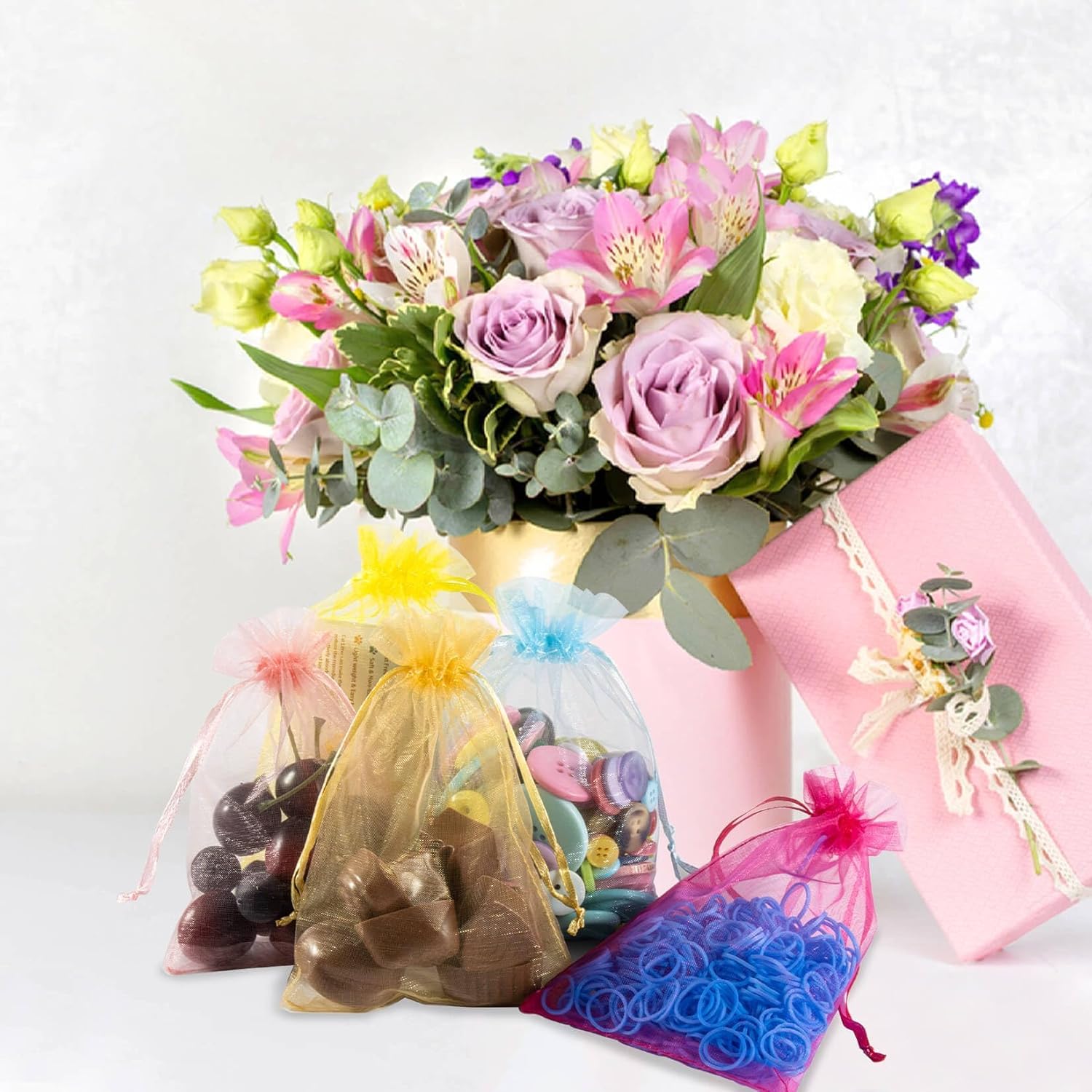 120PCS Organza Bags 4''x6'' - Muticolor Small Sachet Jewelry Gift Favor Bags Drawstring Mesh Bags Gifts Valentines Wedding Eid Mubarak Halloween Eve Christmas New Year Party Candy Fruit Wrap Bulk