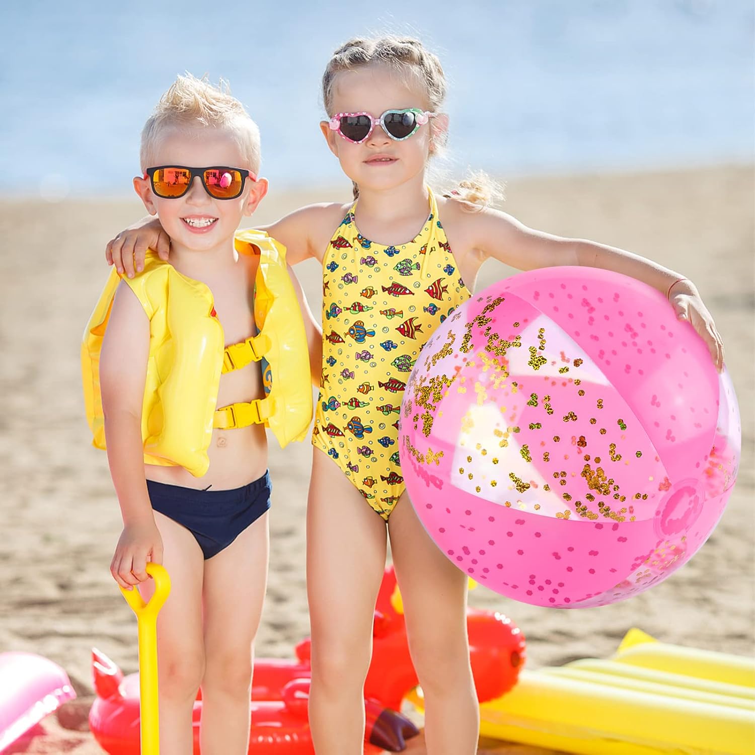 16 Inch Inflatable Beach Balls, 3 Pack Glitter Beach Balls Pool Toys with Confetti Sparkling Balls for Kids Toddlers Adults Summer Pool Party Favors