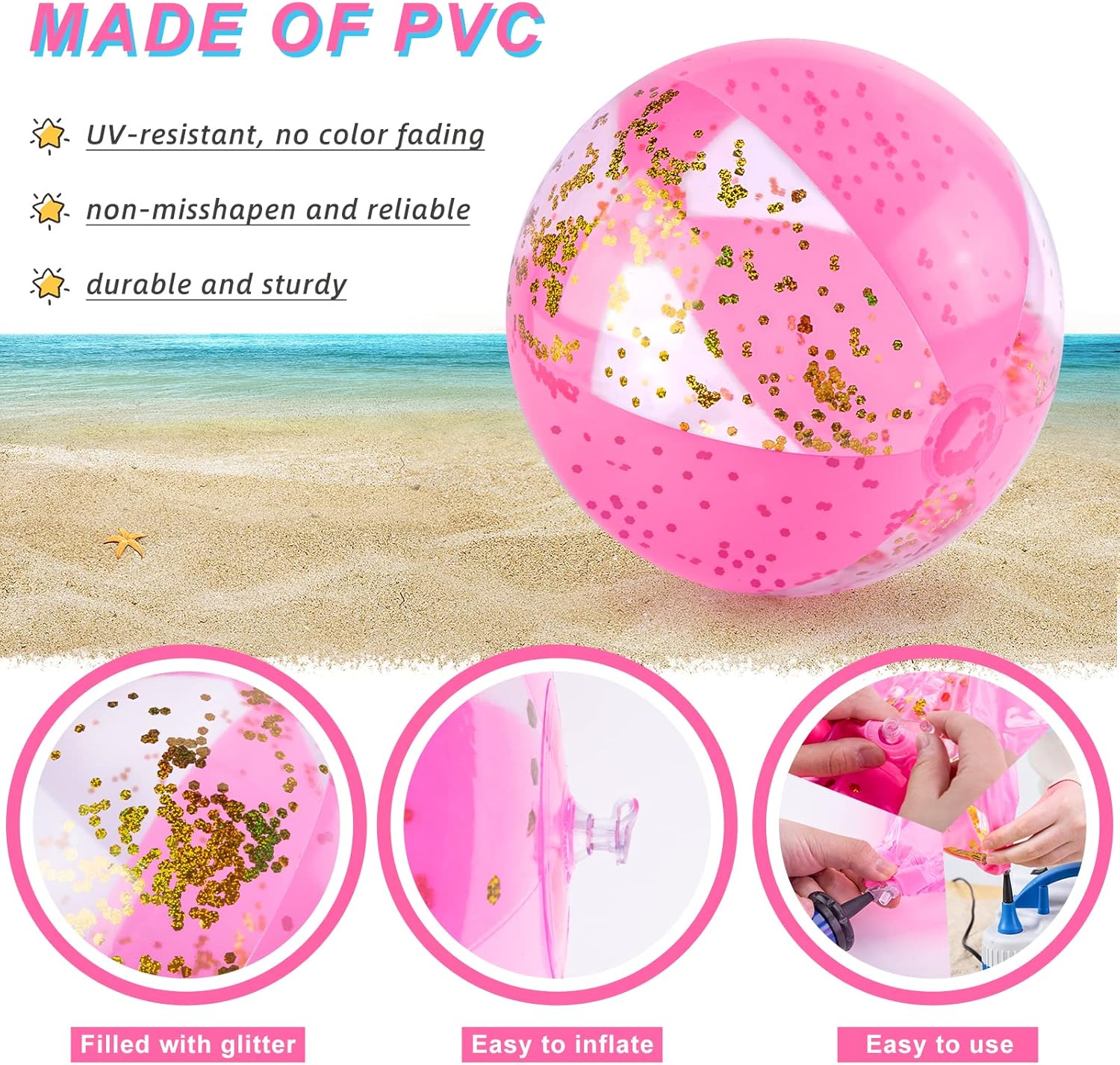 16 Inch Inflatable Beach Balls, 3 Pack Glitter Beach Balls Pool Toys with Confetti Sparkling Balls for Kids Toddlers Adults Summer Pool Party Favors