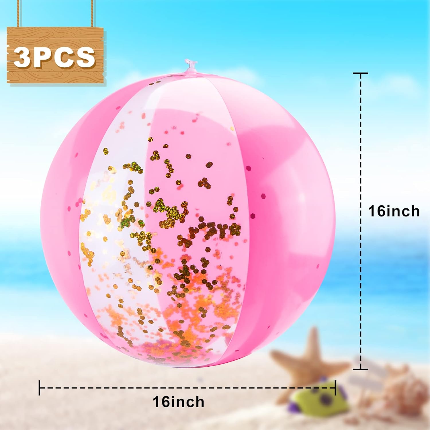 16 Inch Inflatable Beach Balls, 3 Pack Glitter Beach Balls Pool Toys with Confetti Sparkling Balls for Kids Toddlers Adults Summer Pool Party Favors
