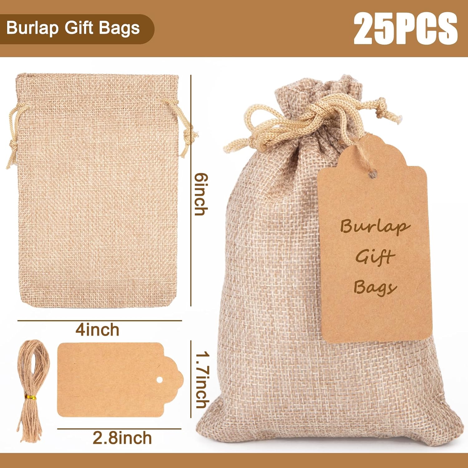 25PCS Small Burlap Gift Bags With Drawstring, 4x6 Inch Small Linen Sack Bags Jewelry Pouches for Wedding Party Favors DIY Crafts