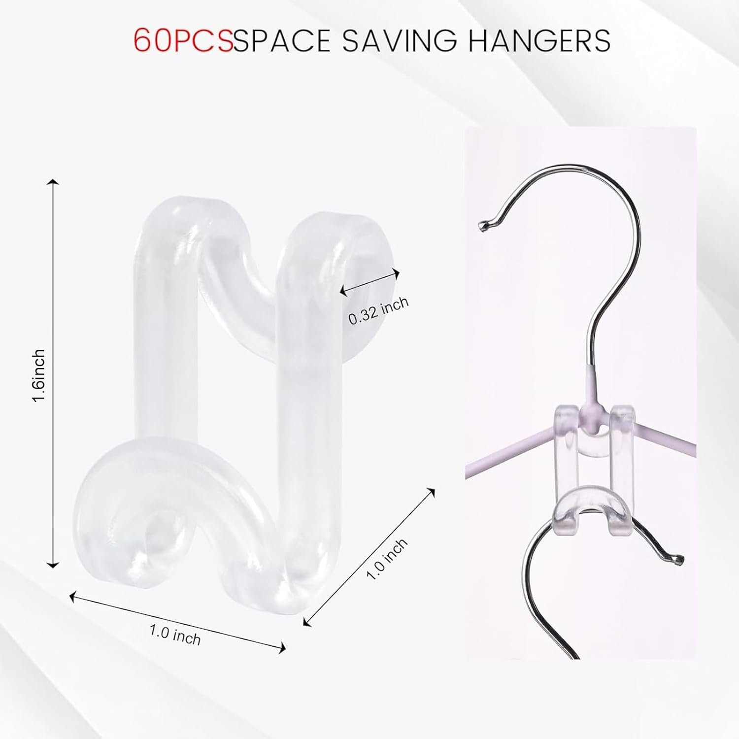 Hanger Hooks Space Saving, 60PCS Clothes Hanger Connector Hooks Closet Space Savers for Hanging Clothes, Clear