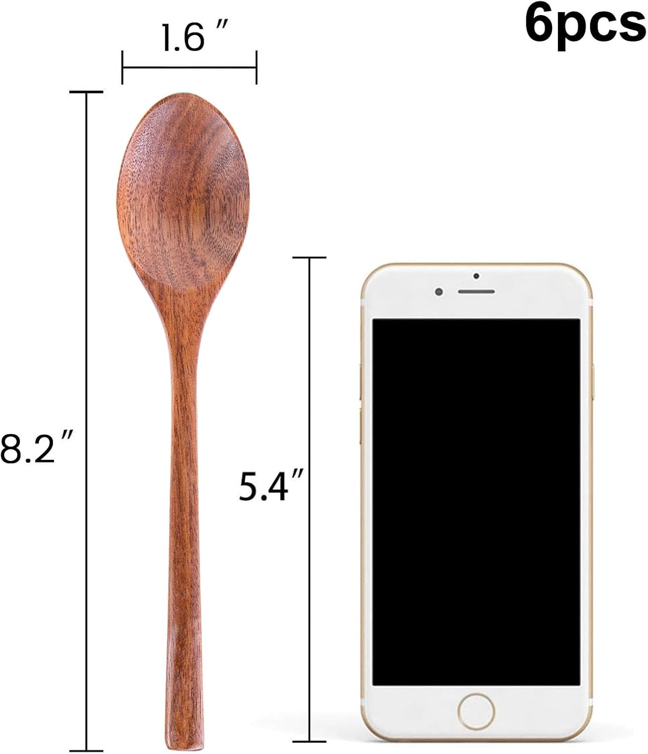 Wooden Spoons for Eating, 8.2 Inch Wood Mixing Soup Spoon with Long Handle for Korean Food Daily Meal Stirring Sauce Coffee, 6PCS