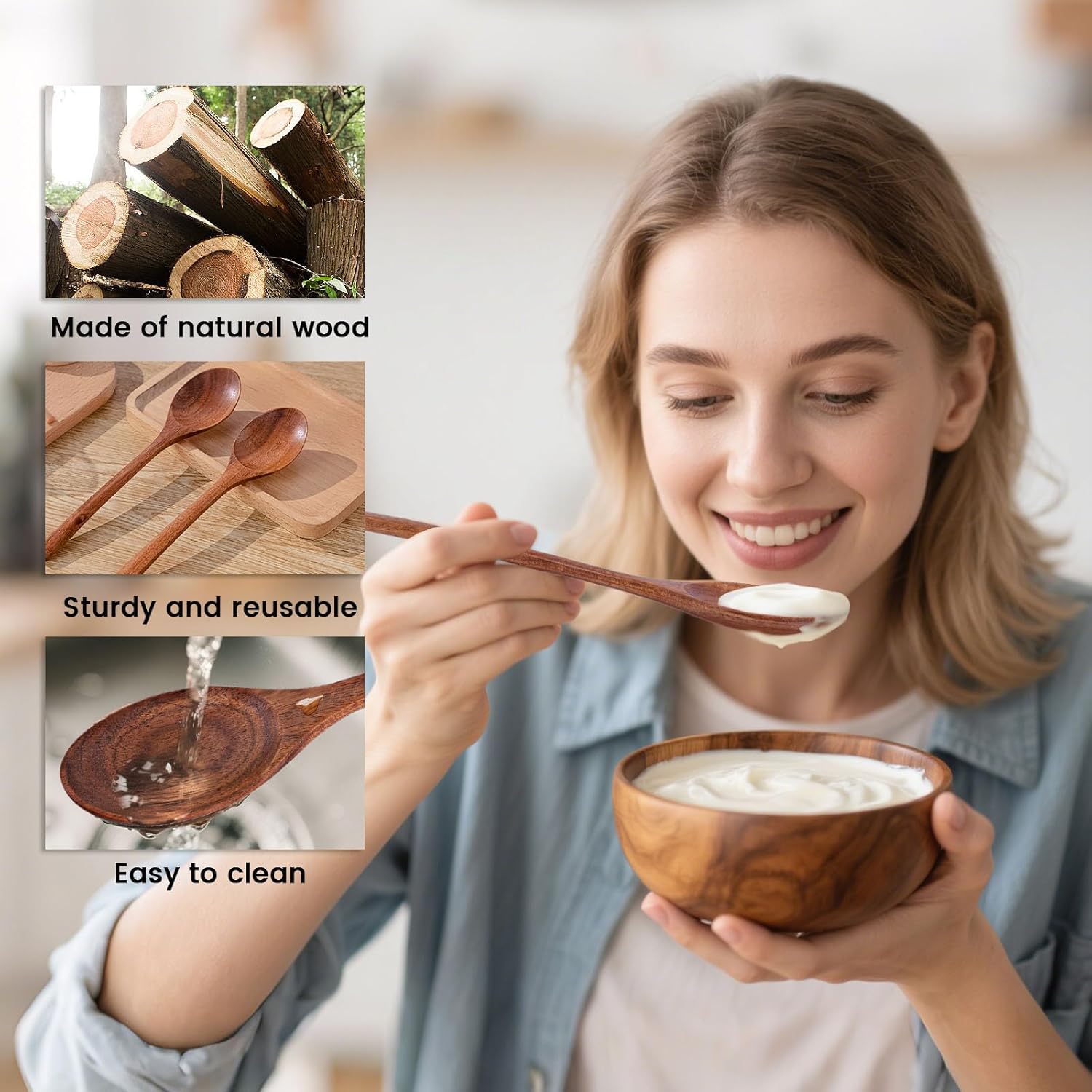 Wooden Spoons for Eating, 8.2 Inch Wood Mixing Soup Spoon with Long Handle for Korean Food Daily Meal Stirring Sauce Coffee, 6PCS