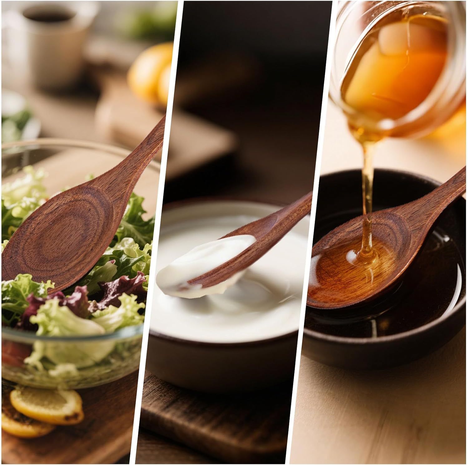 Wooden Spoons for Eating, 8.2 Inch Wood Mixing Soup Spoon with Long Handle for Korean Food Daily Meal Stirring Sauce Coffee, 6PCS