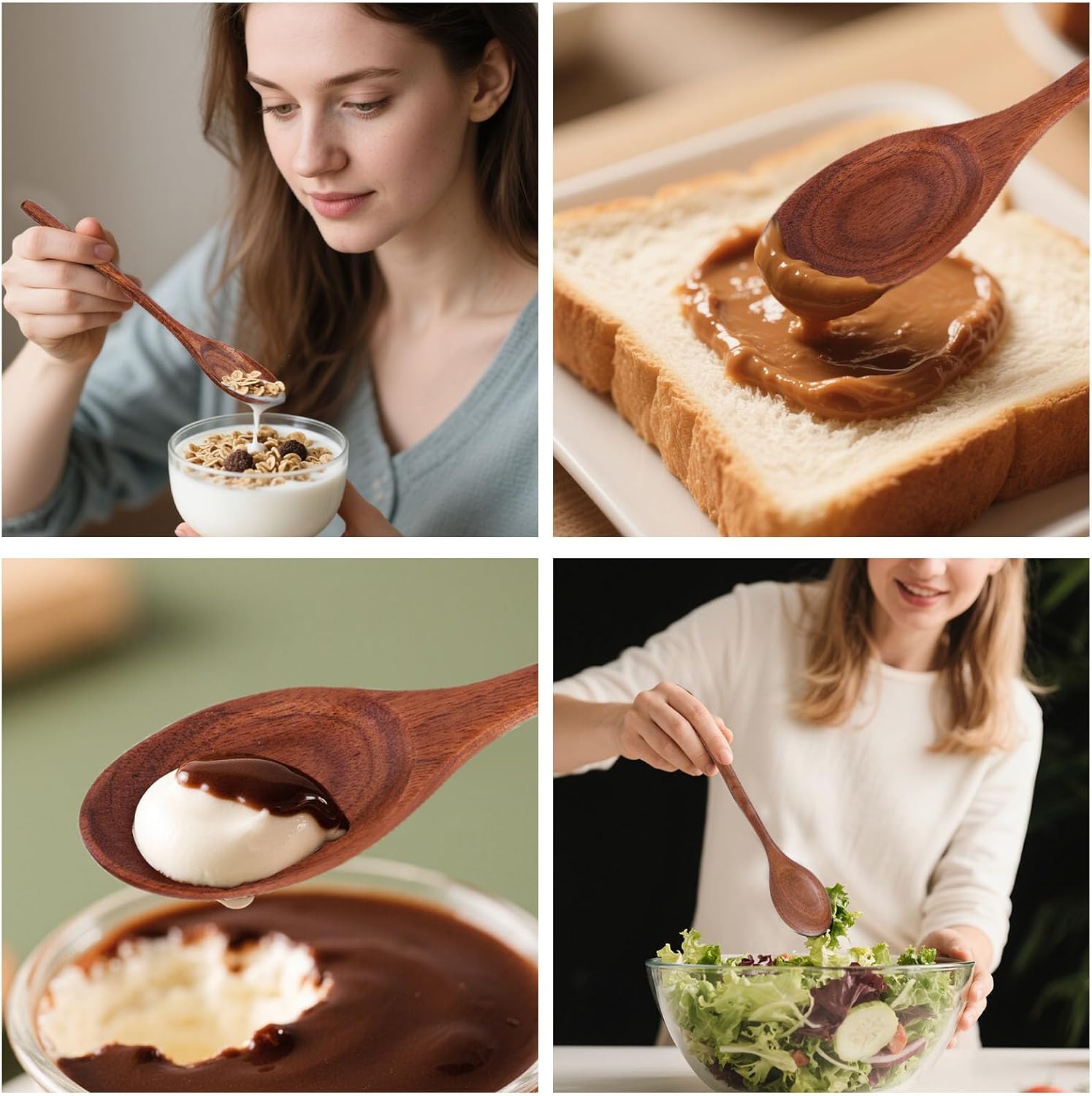 Wooden Spoons for Eating, 8.2 Inch Wood Mixing Soup Spoon with Long Handle for Korean Food Daily Meal Stirring Sauce Coffee, 6PCS