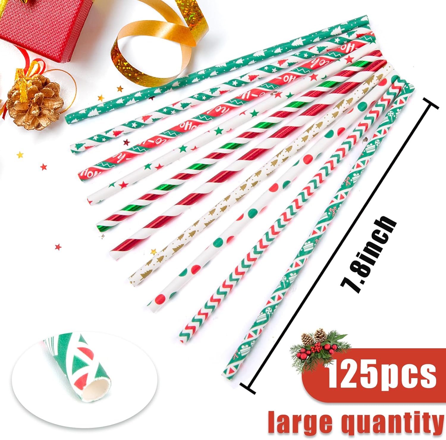 Christmas Paper Straws, Stripe Holiday Straws Bulk in 10 Styles for Drinking, Xmas Party Supplies, DIY Crafts, 125PCS