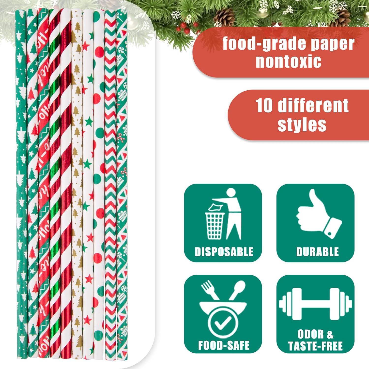 Christmas Paper Straws, Stripe Holiday Straws Bulk in 10 Styles for Drinking, Xmas Party Supplies, DIY Crafts, 125PCS