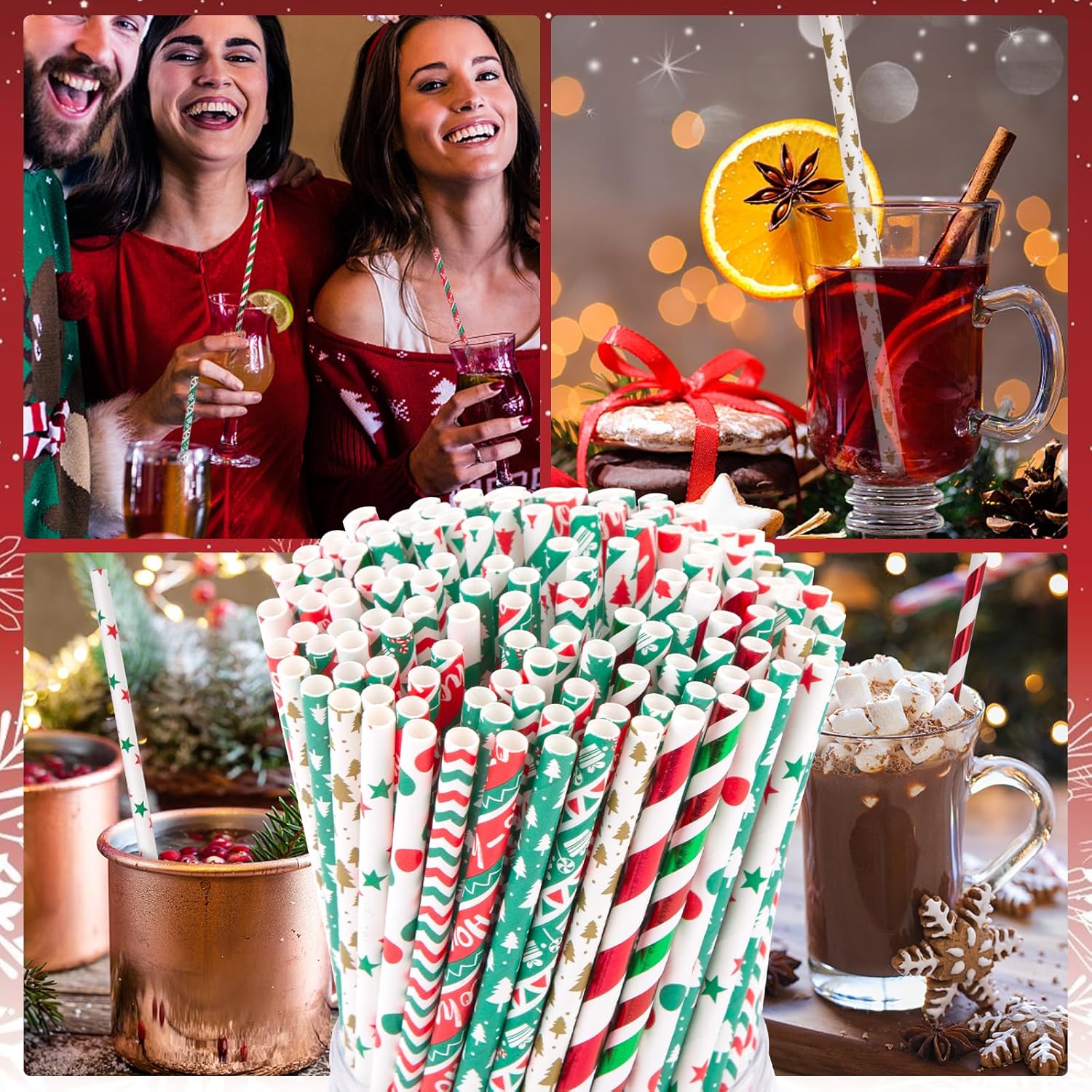 Christmas Paper Straws, Stripe Holiday Straws Bulk in 10 Styles for Drinking, Xmas Party Supplies, DIY Crafts, 125PCS