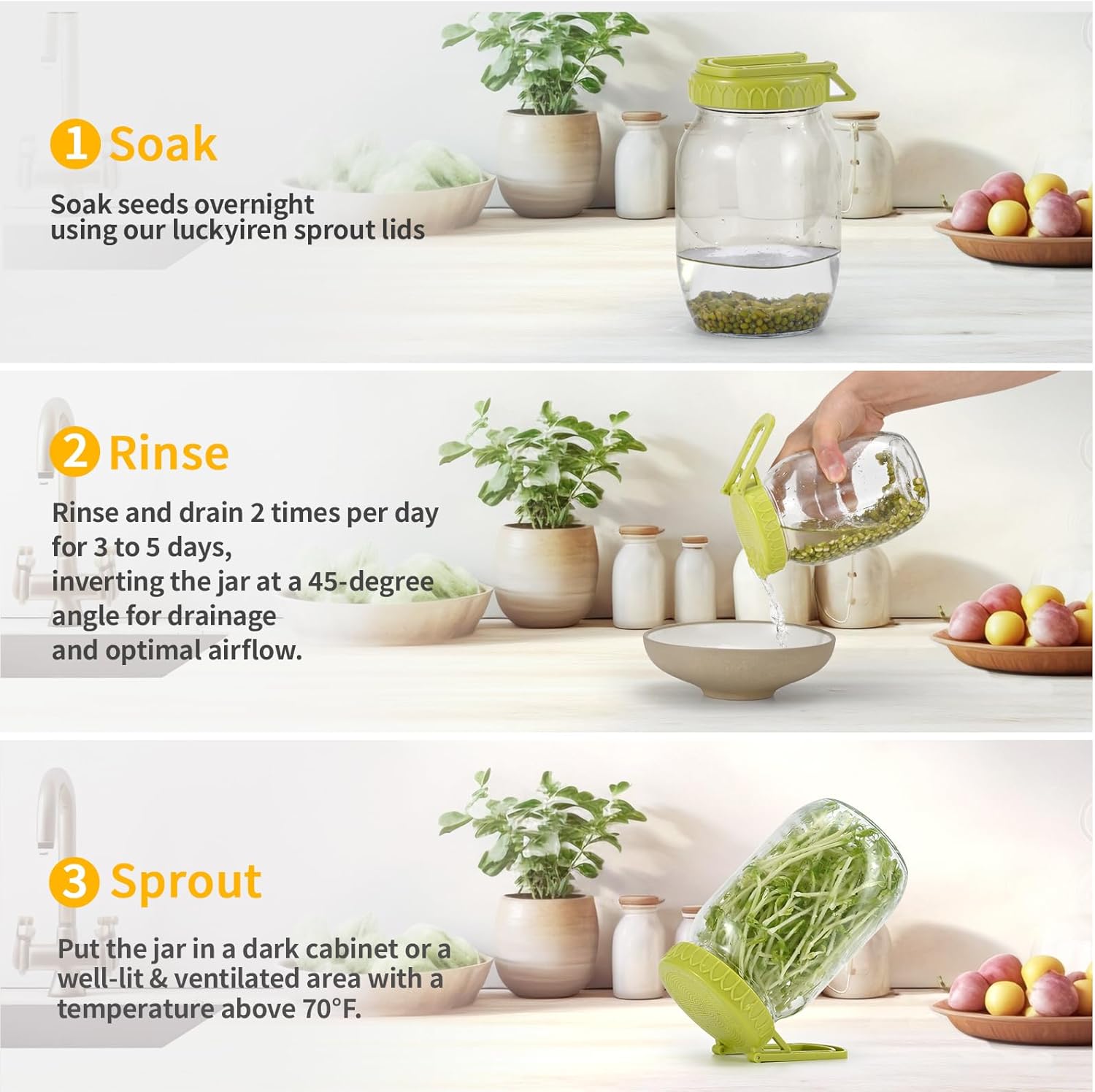 Sprouting Kit for Wide Mouth Mason Jars, 2-Pack BPA-Free One-Piece Sprouting Lids with Built-In Stand, Seed Germination Jar Sprouter Lid, Fits Wide Mouth Jars 3.38"/86mm
