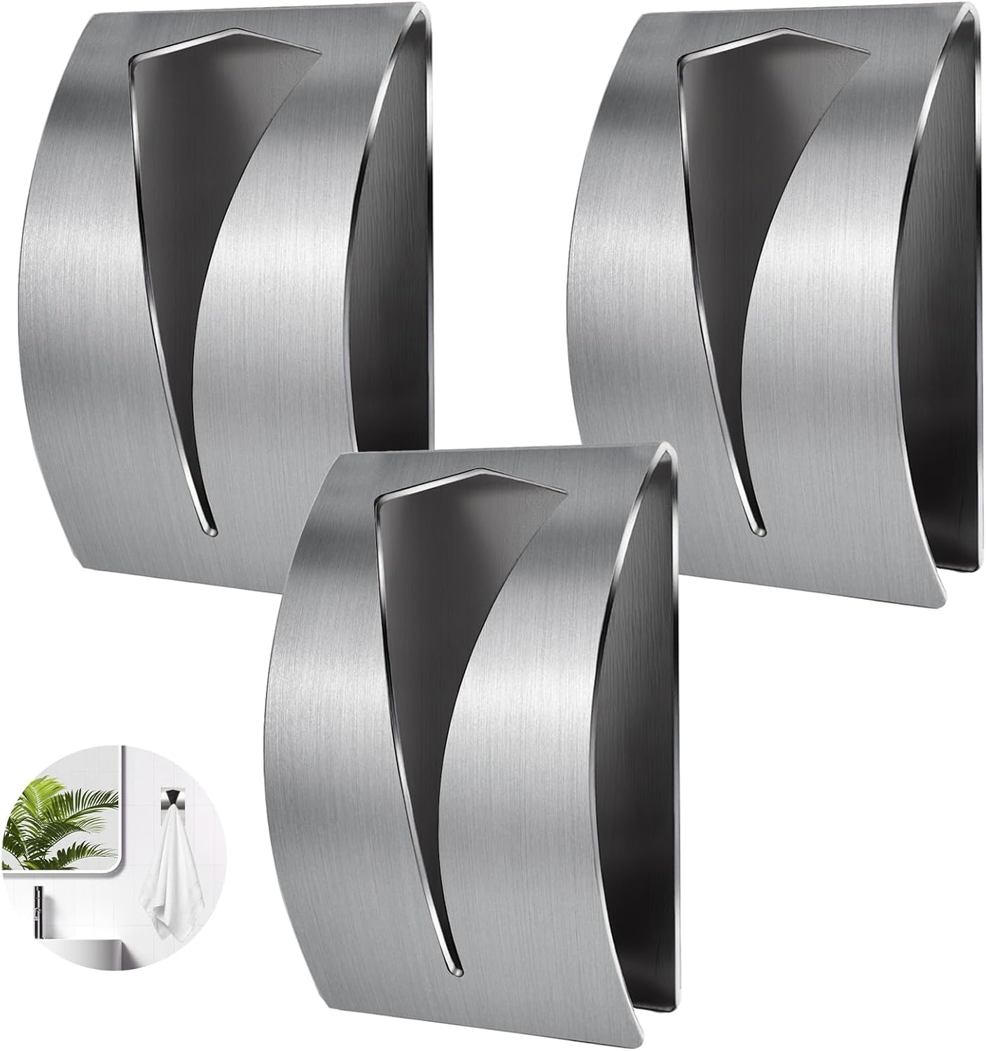 3 Pack Stainless Steel Kitchen Towel Hooks for Shower Wall Bathroom Self Adhesive Dish Towel Holder Hangers for Tea Cabinet Door Rag Grabber Silver
