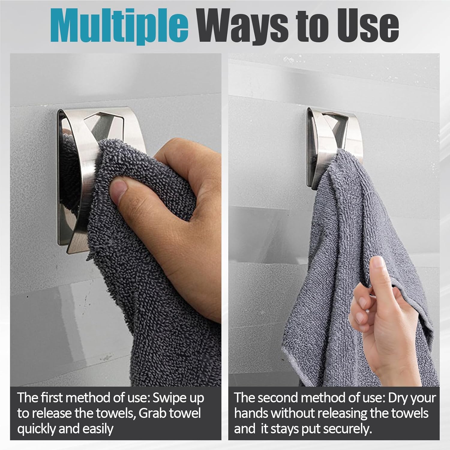3 Pack Stainless Steel Kitchen Towel Hooks for Shower Wall Bathroom Self Adhesive Dish Towel Holder Hangers for Tea Cabinet Door Rag Grabber Silver