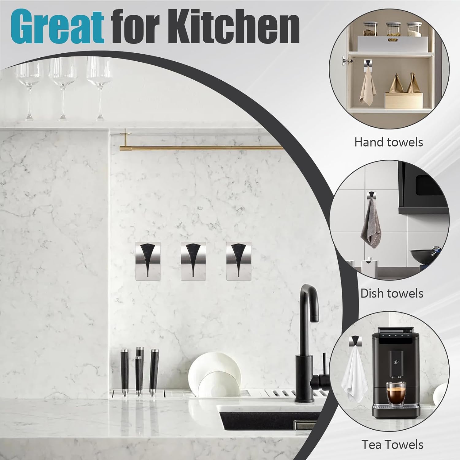 3 Pack Stainless Steel Kitchen Towel Hooks for Shower Wall Bathroom Self Adhesive Dish Towel Holder Hangers for Tea Cabinet Door Rag Grabber Silver