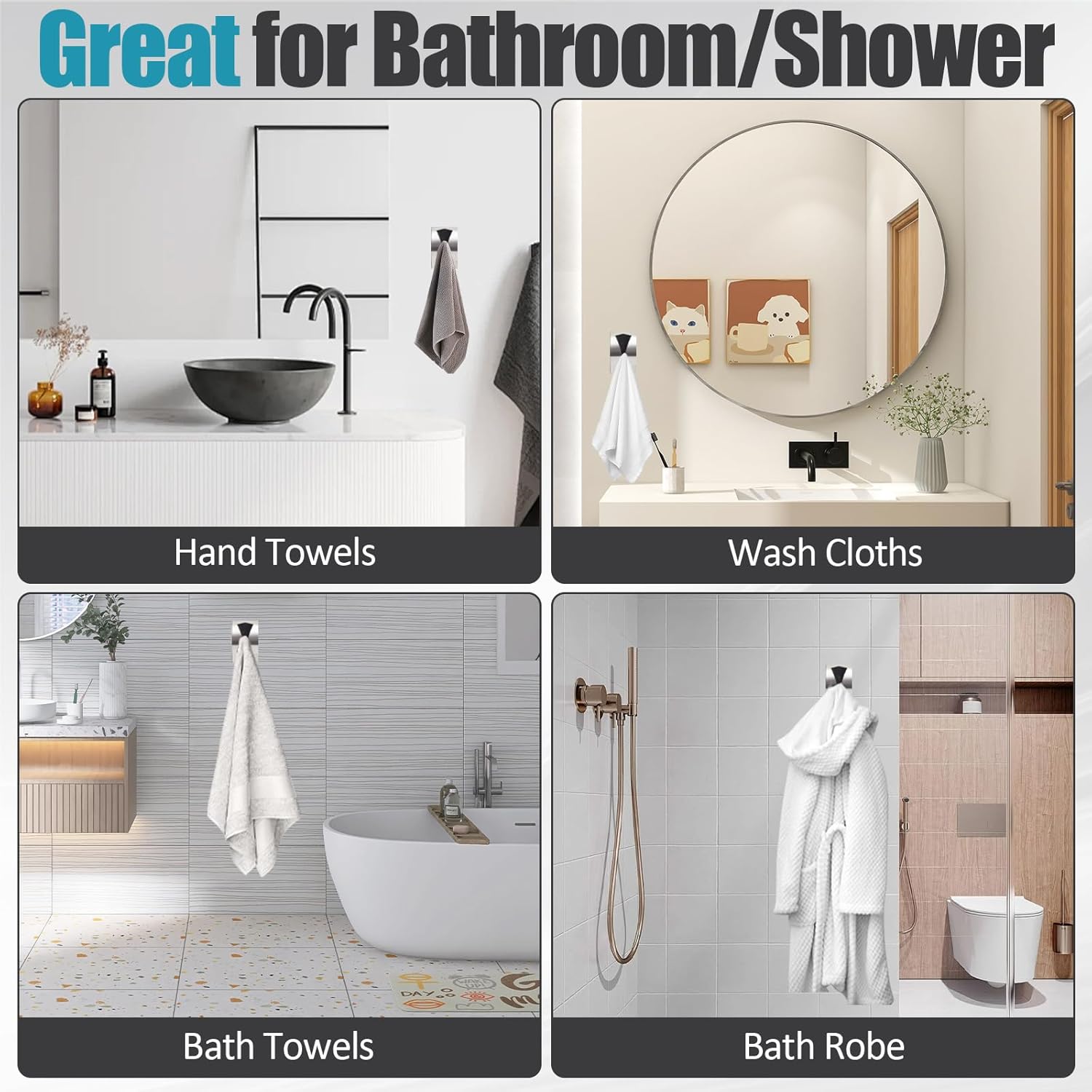 3 Pack Stainless Steel Kitchen Towel Hooks for Shower Wall Bathroom Self Adhesive Dish Towel Holder Hangers for Tea Cabinet Door Rag Grabber Silver