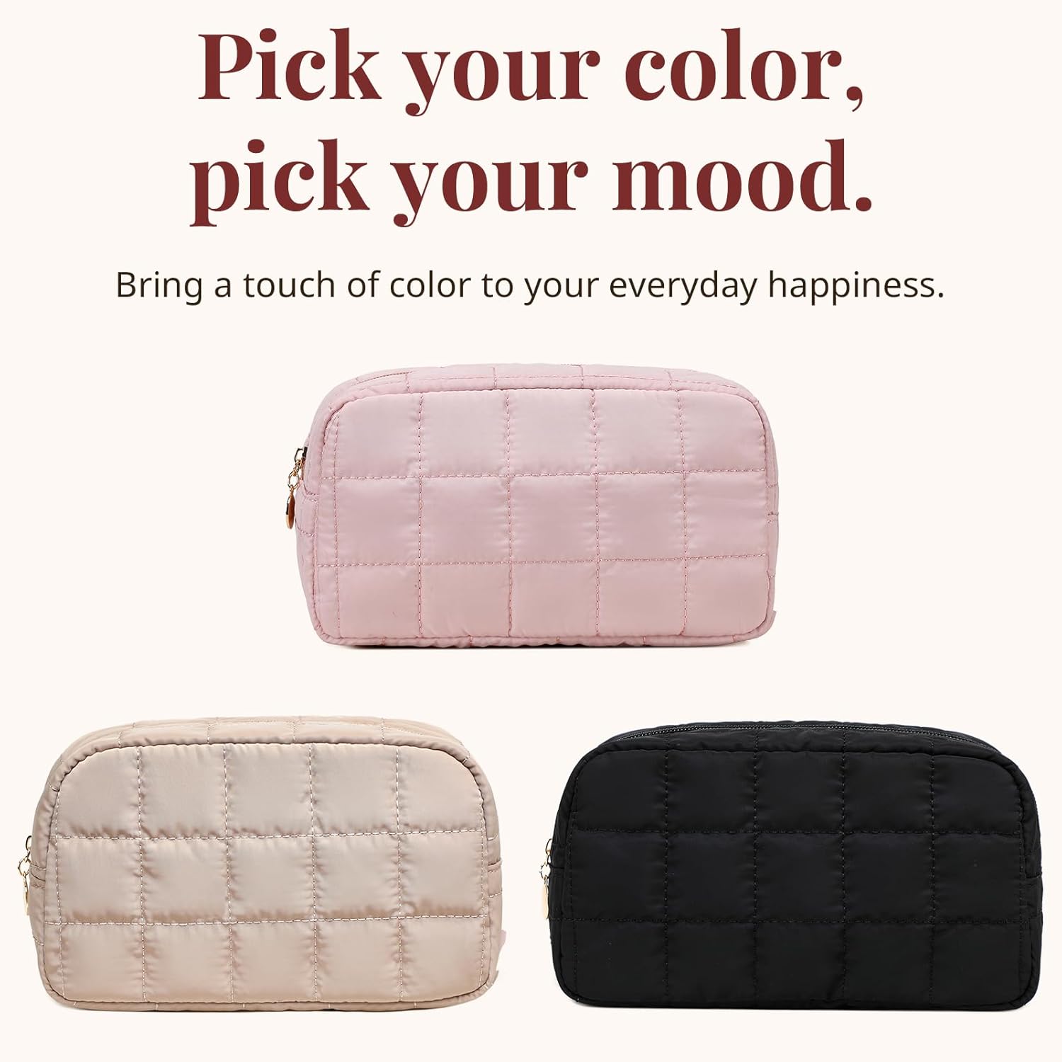 Makeup Bag, Quilted Puffy Travel Toiletry Bag with Compartments, Wide-Open Cosmetic Bag for Women, Pouch Purse Organizer, Pink