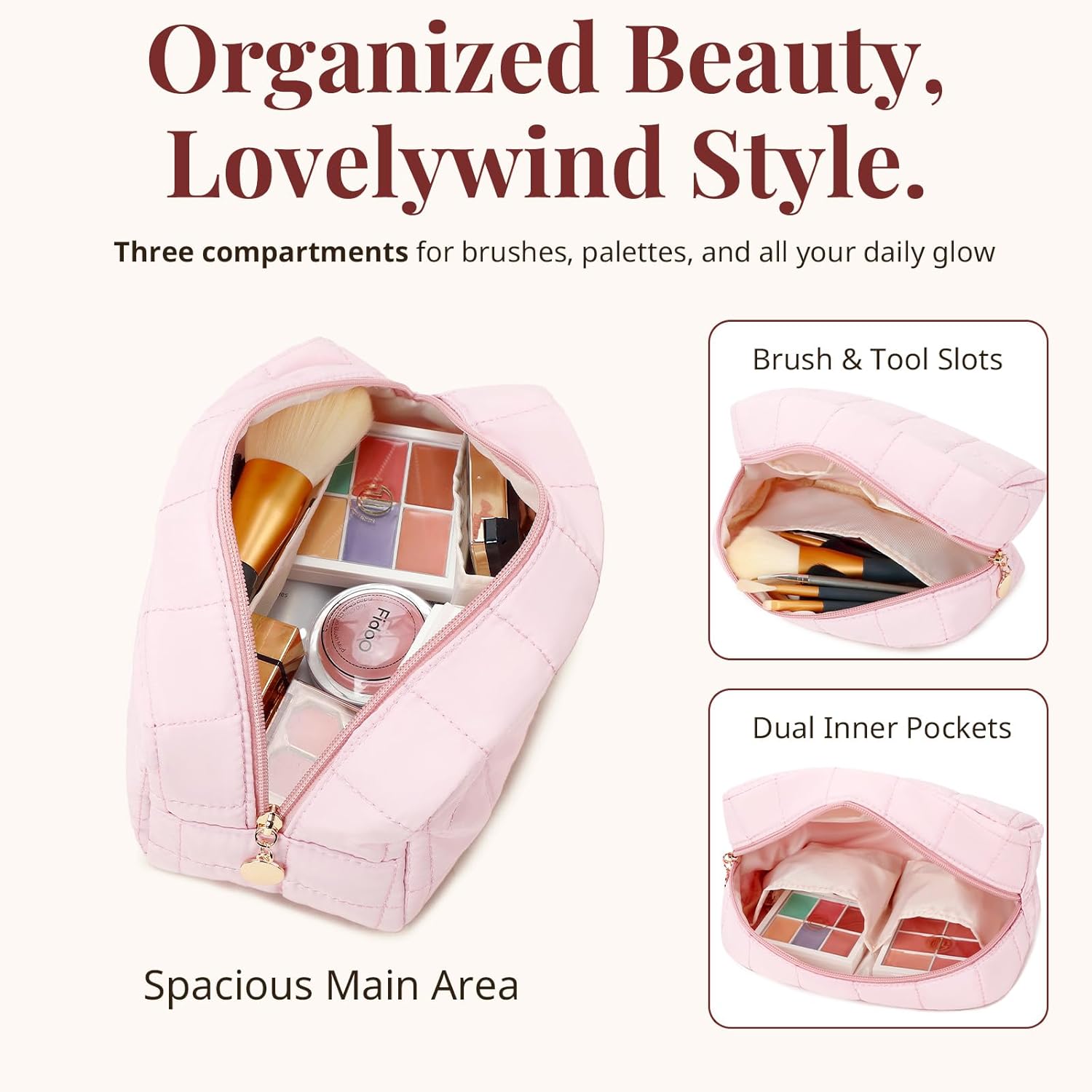 Makeup Bag, Quilted Puffy Travel Toiletry Bag with Compartments, Wide-Open Cosmetic Bag for Women, Pouch Purse Organizer, Pink